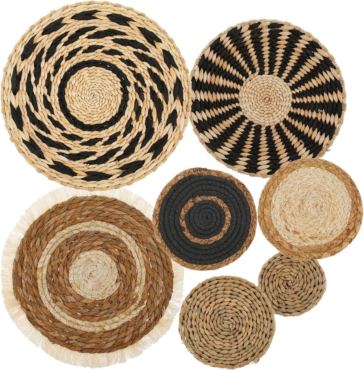 REWYTAZ, Set de 7 decorațiuni de perete rotunde, Boem, Decor de perete rustic pentru sufragerie, Decorațiune de perete din răchită 7buc