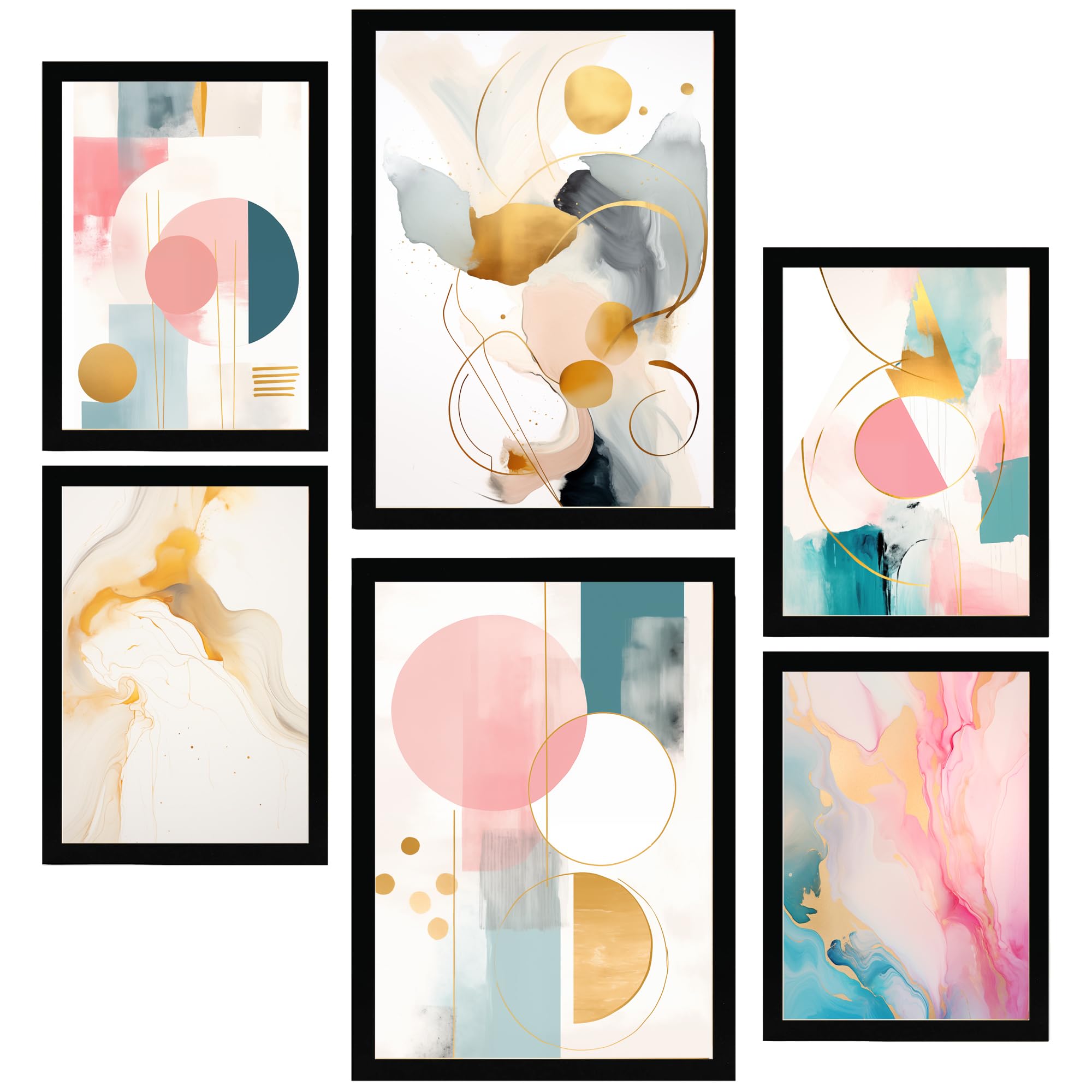 Set de 6 abstracto lila fucsia dorado verde cuadros con ilustración de diseño para decorar las paredes del hogar. tienda. a3 y a4. marco negro
