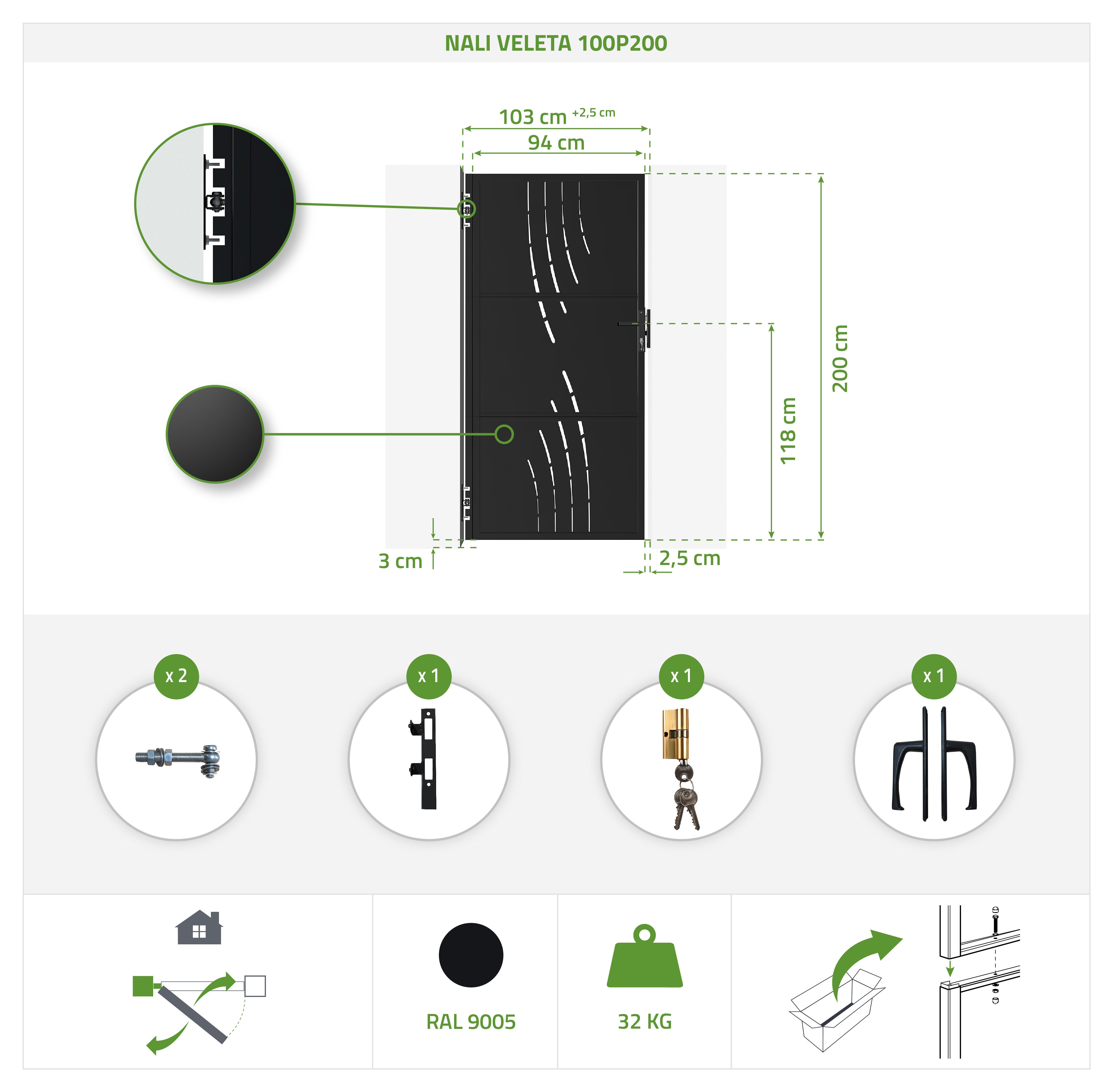Portillon acier 1m NALI VELETA H.200cm Noir mat - 2