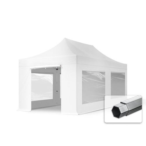 3x6m gazebo pieghevole PVC ignifugo con 4 laterali (finestre panoramiche), PROFESSIONAL alluminio, bianco