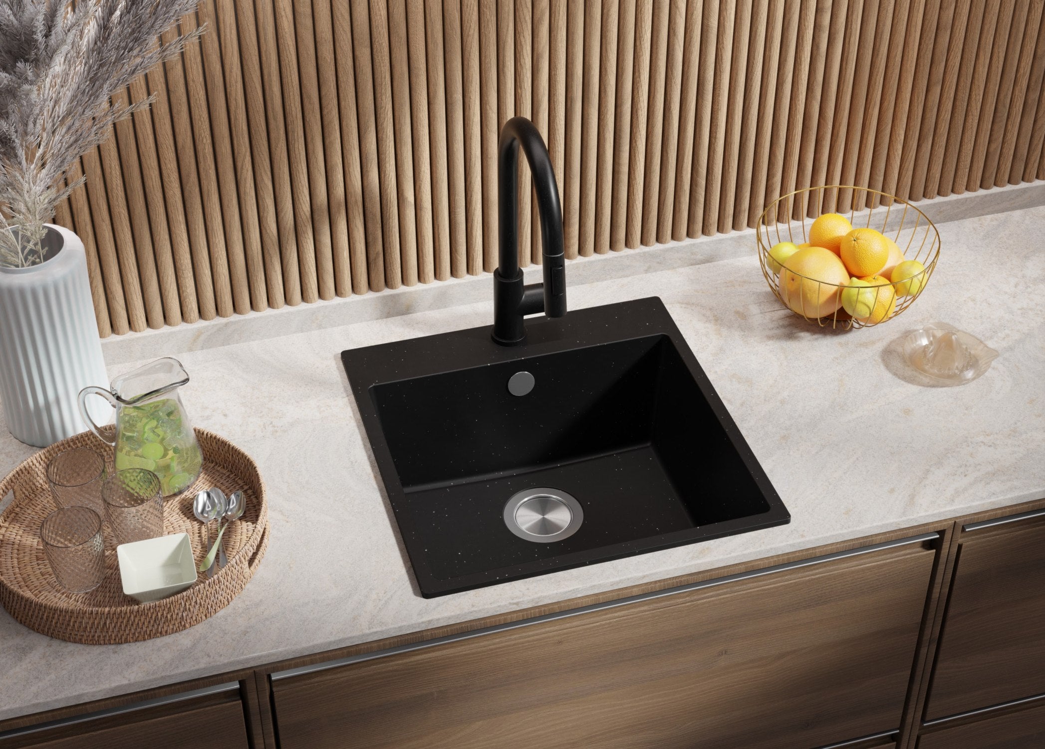 Evier Cuisine en Granit Noir Métallisé 48x50cm, Lavabo 1 bac + Kit de Vidage, Évier à Encastrer au meuble 50cm - Riga PRIMAGRAN - 2