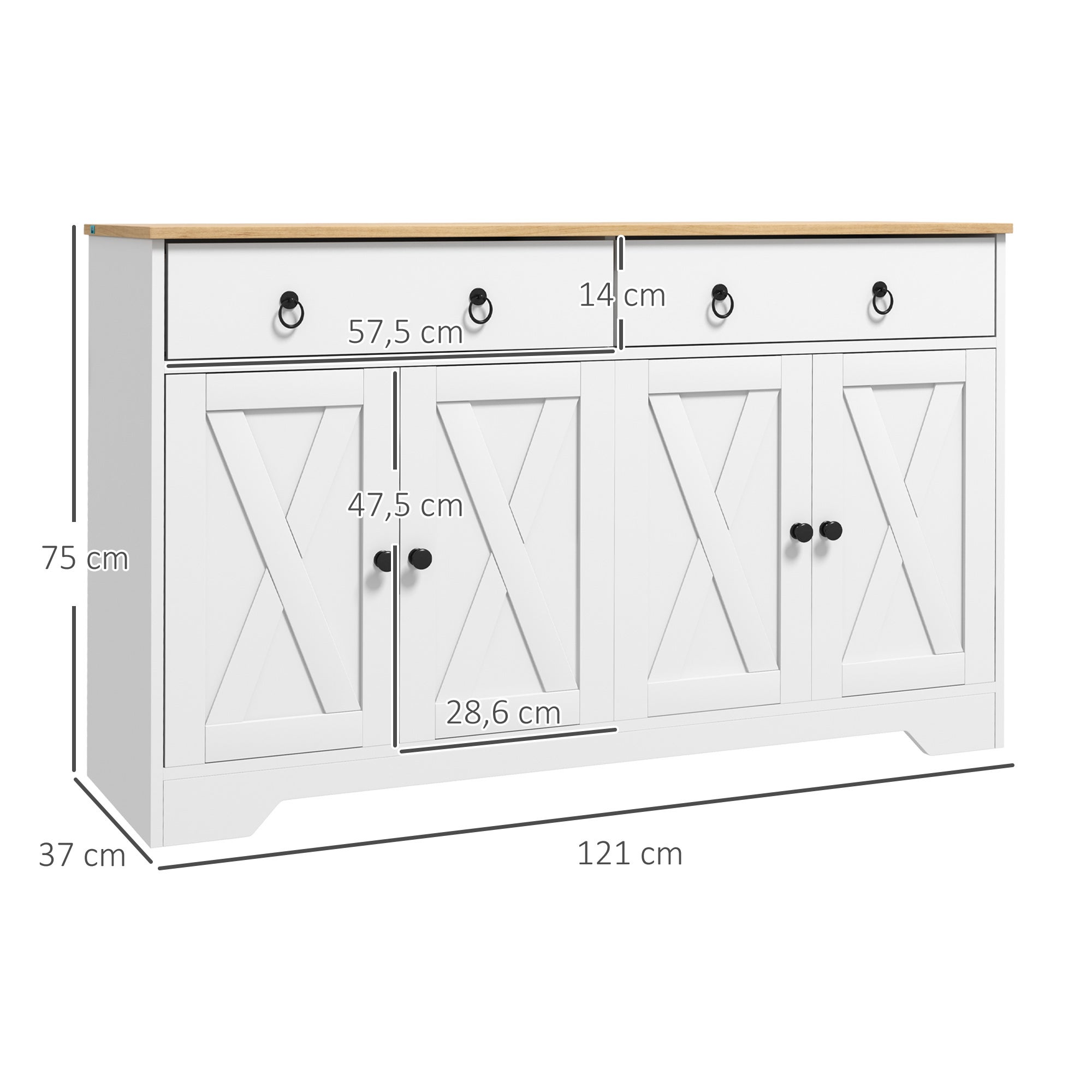Buffet meuble de rangement armoire de cuisine style rural 2 tiroirs et 2 placards étagères à hauteurs réglables blanc - 5