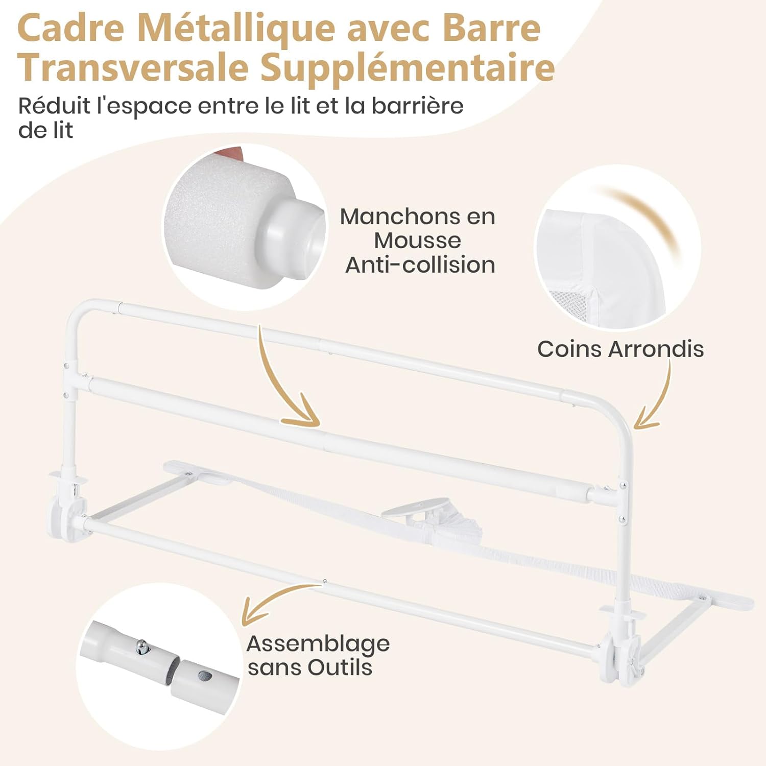 Cancellino di sicurezza per bambini da 100 cm, sponda pieghevole per lettino con struttura in metallo, rivestimento rimovibile e lavabile e cinghia di - 3