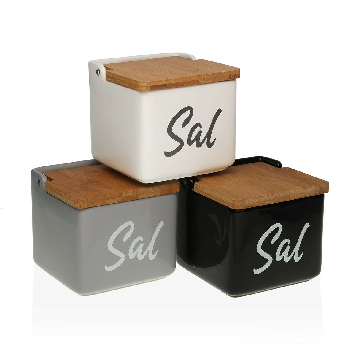 Salière Céramique Tienda Eurasia Avec Couvercle Bambou - 12.2x12.2x11.5cm, Noir