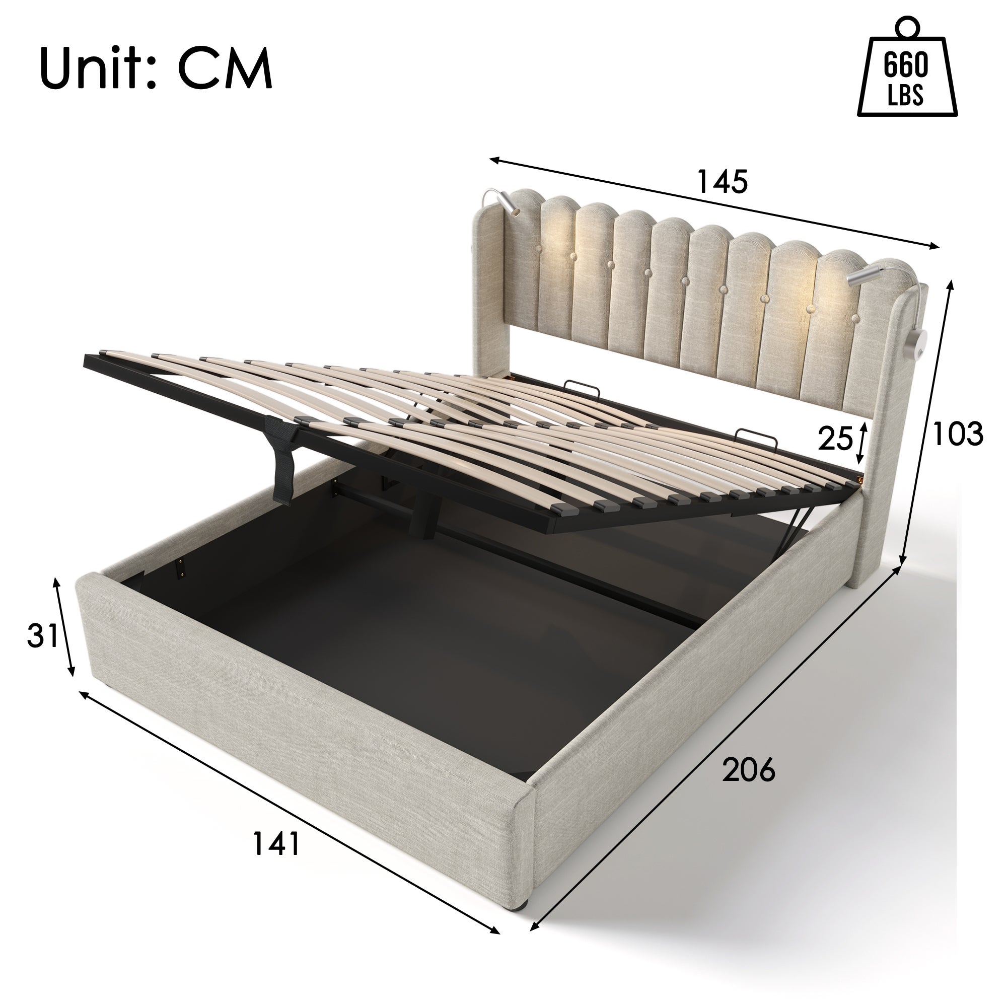 Cama contenedor tapizada con LED y puertos de carga USB - 140x200cm - tela de lino - con somier - Beige - 5