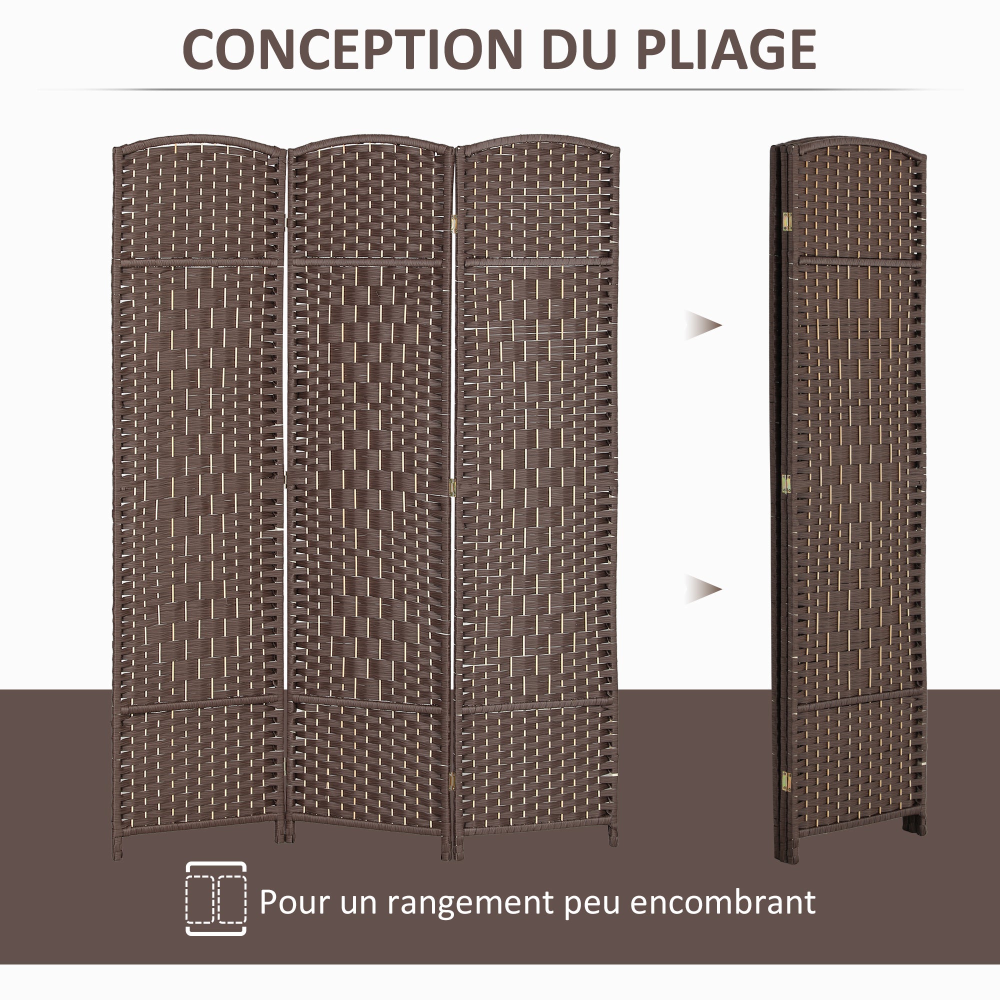 Paravent intérieur en bois 3 panneaux séparateur de pièce pliable pour salon chambre 135 x 180 cm marron - 6