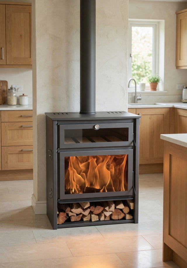 Estufa de leña Zeux HORNO / 12 kw / alto rendimiento 76% / Horno refractario con calor envolvente / Troncos 70 cm