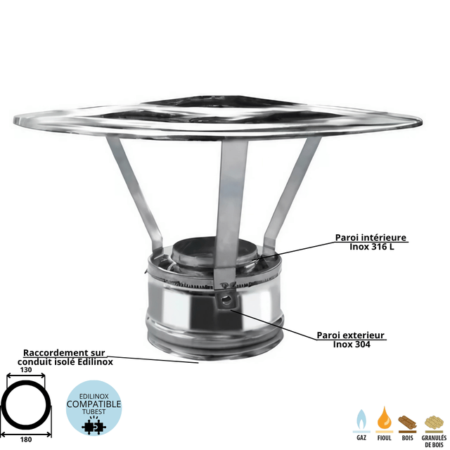 Chapeau pare pluie conduit double paroi isolé Edilinox - Diamètre 130 mm