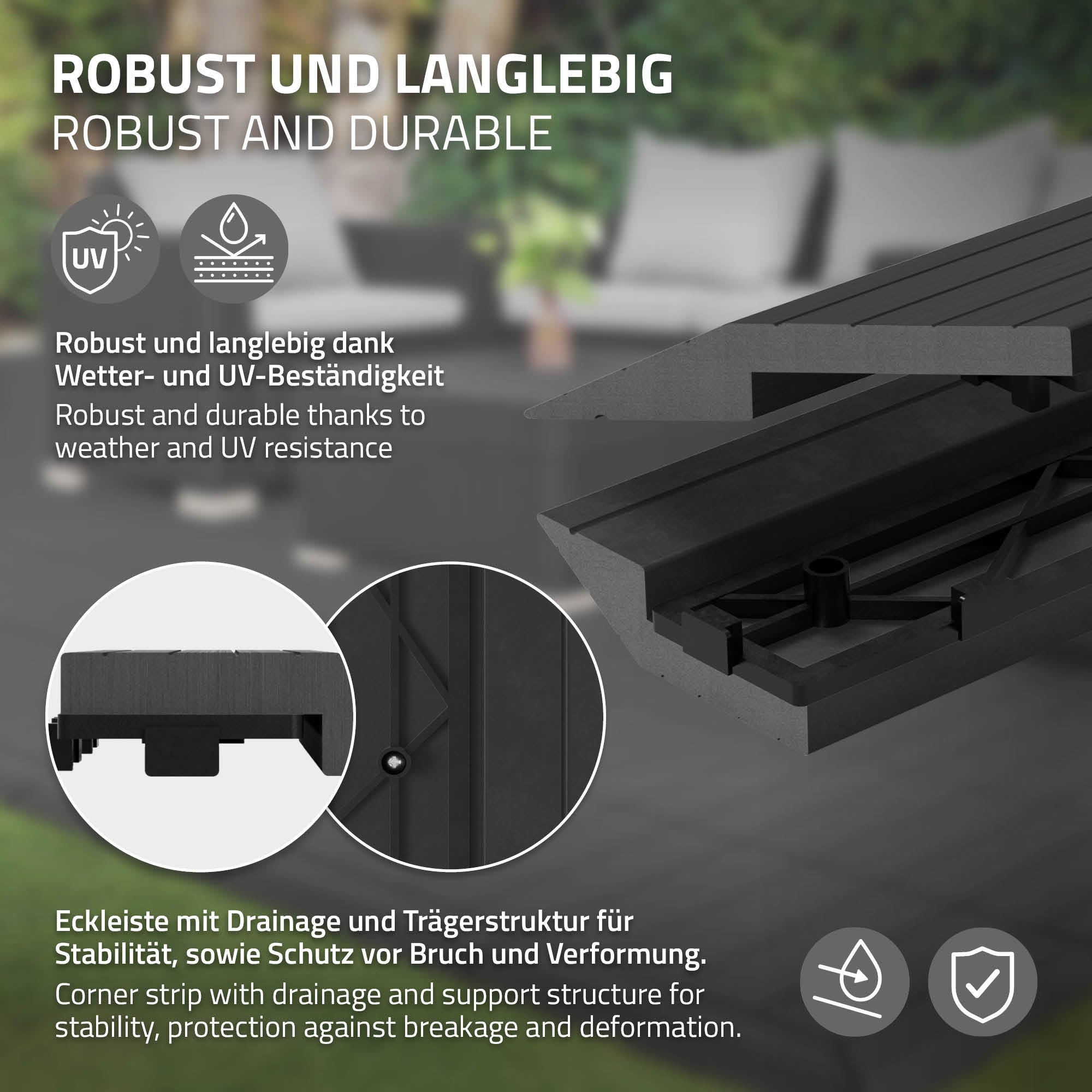 ML-Design listwa narożna prawo wpc antracytowy 38x2x7,5 cm profil drewnopodobny ryflowany z odpływem wzmocniona baza system klik obróbka krawędzi - 3