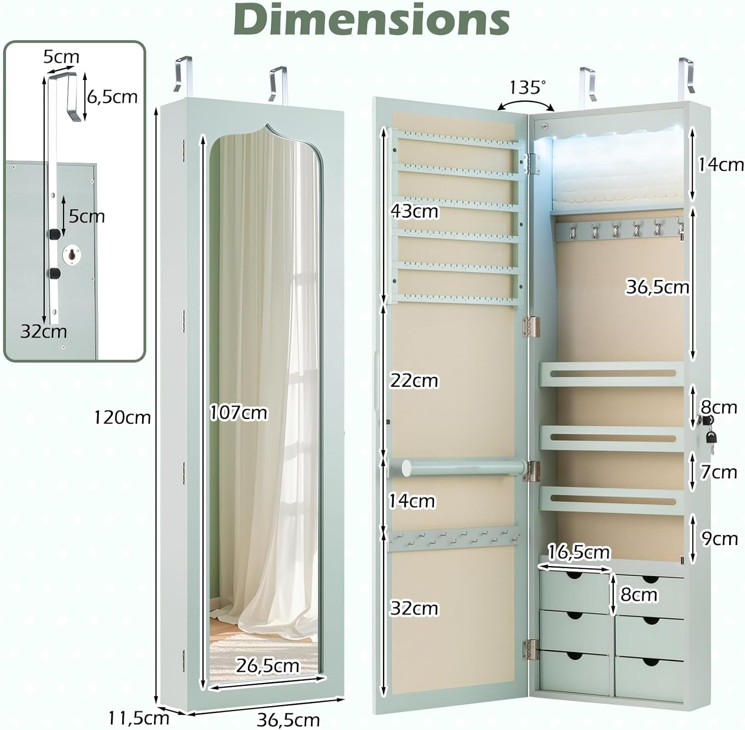 Armoire à Bijoux Mural avec Miroir et Lumière LED, Armoire de Rangement Mural, Accrochée à la Porte avec Serrure (Vert,Tiroir Nomal) - 5