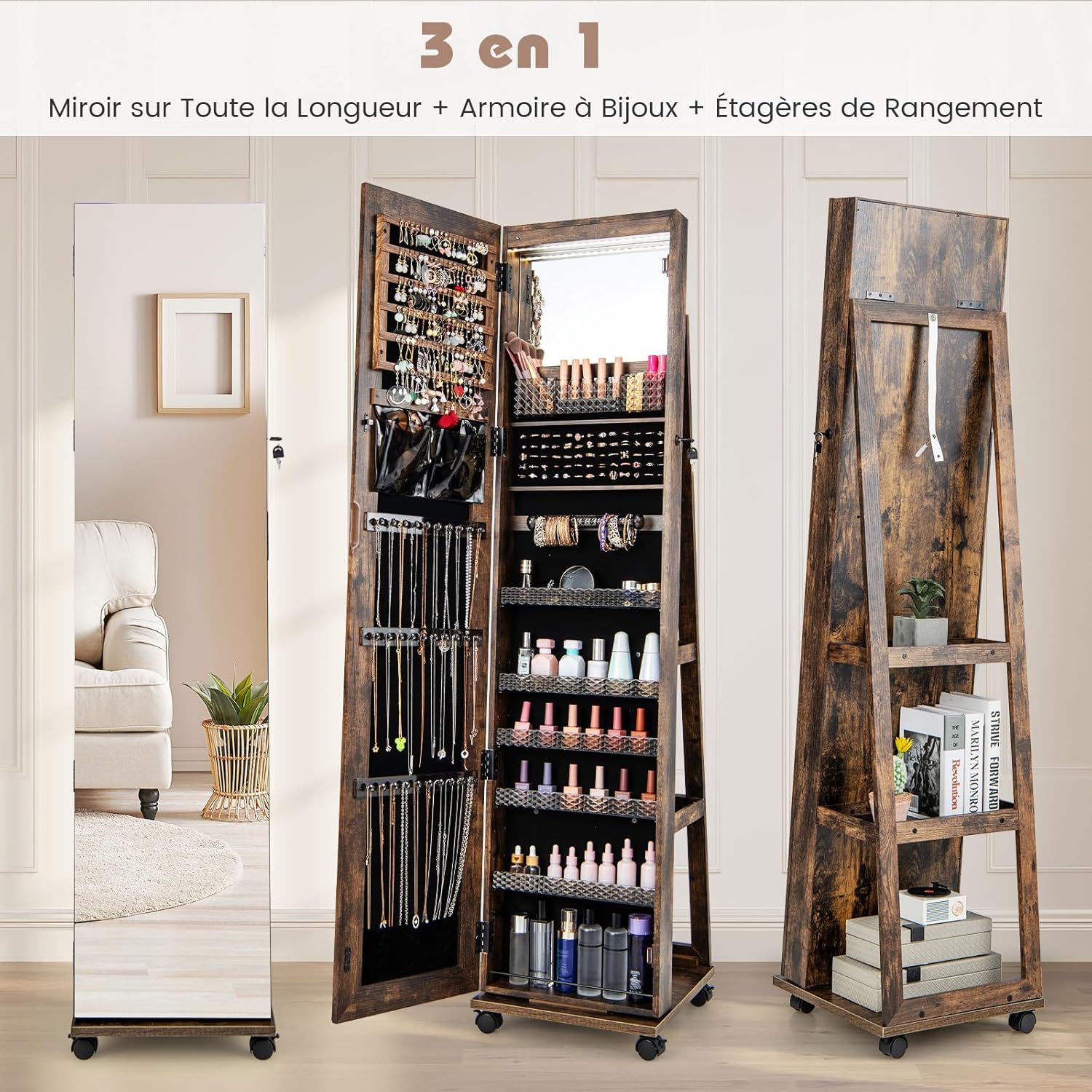 Armoire à Bijoux sur Pieds Mobile avec Miroir Psyché sans Cadre, Lumières LED et Miroir de Maquillage Intégré, Verrouillable, Café - 3