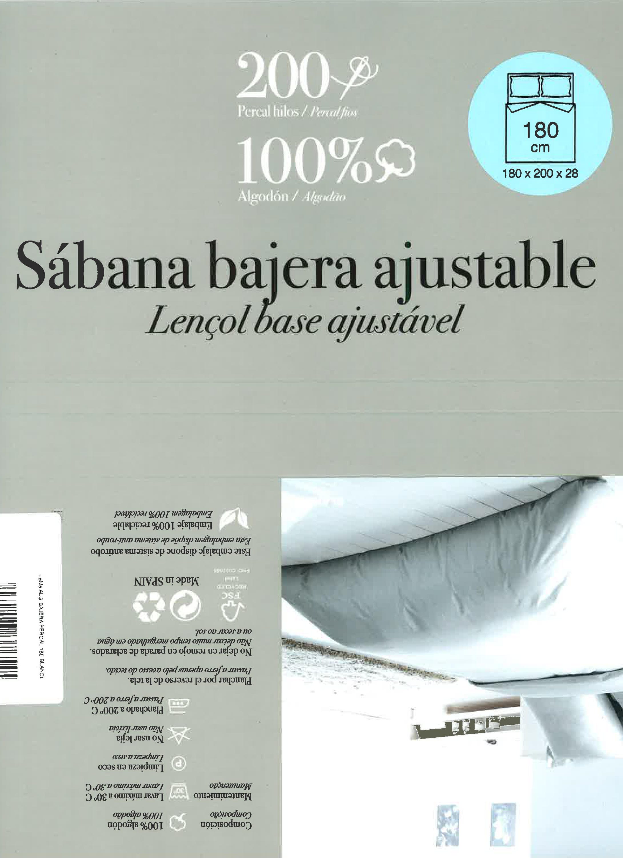 Lençol de baixo percal 200 fios branco para cama de 180 cm - 3