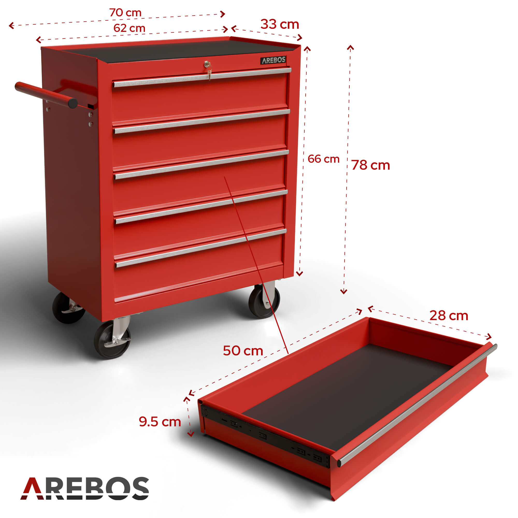 AREBOS Chariot à outils AREBOS avec 5 tiroirs, système de verrouillage central, roues pivotantes freinables, plan de travail résistant aux rayures - 9