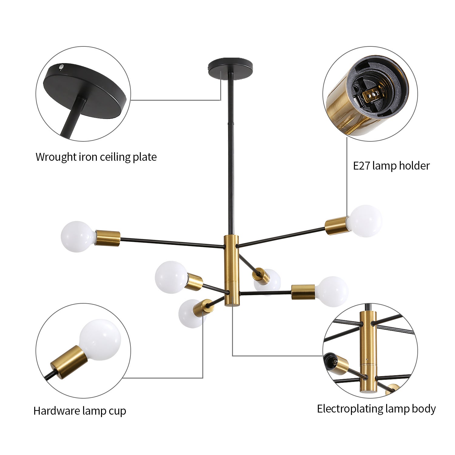 GOECO Lustre Industriel Suspension Vintage, Noir+Or, Réglable 180°, E27, Sans Ampoules, pour Salon chambre salle à manger - 6 lumières - 9