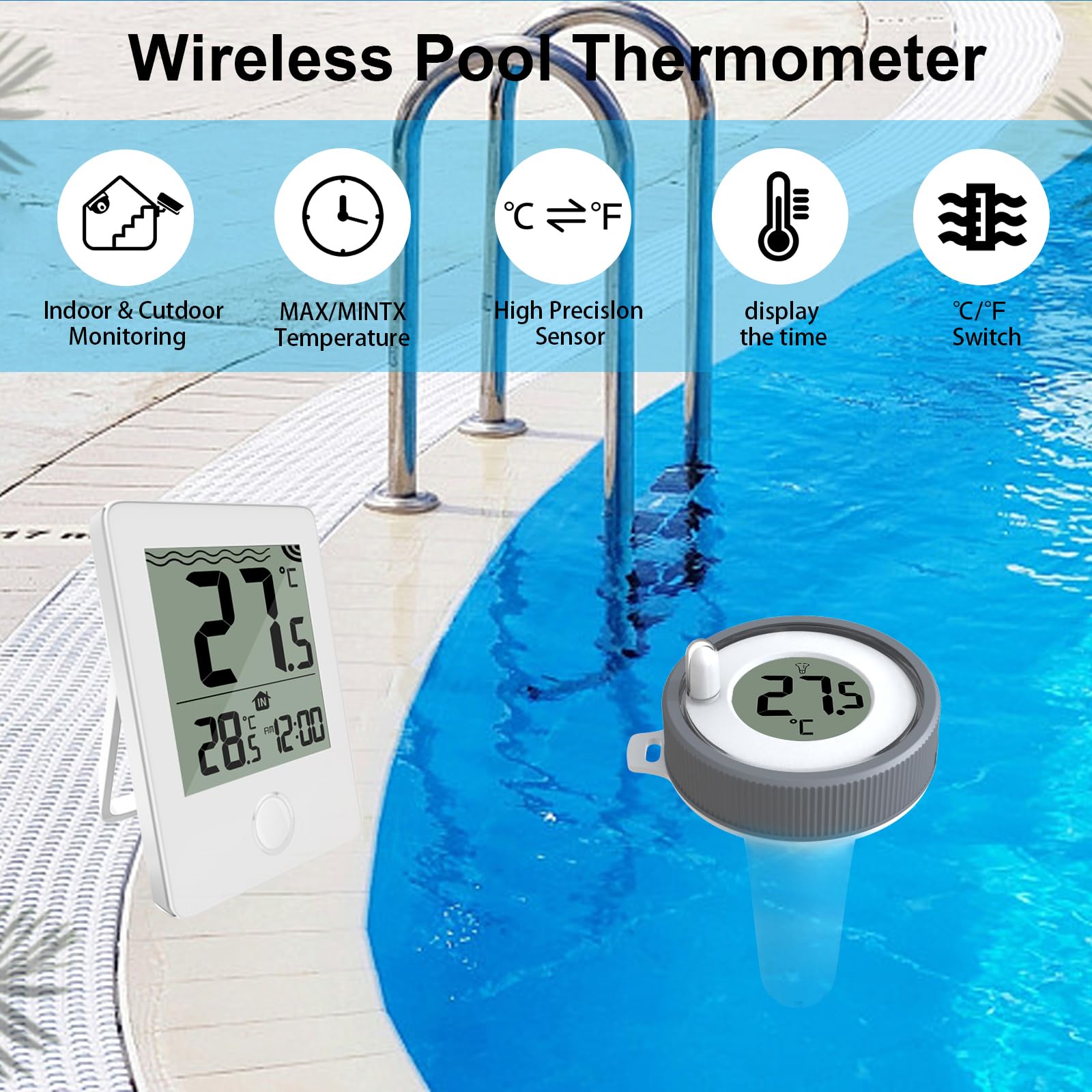 Thermomètre de piscine flottant, facile à lire, thermomètre numérique sans fil pour piscines avec fonction RCC, thermomètre de piscine à distance - 3