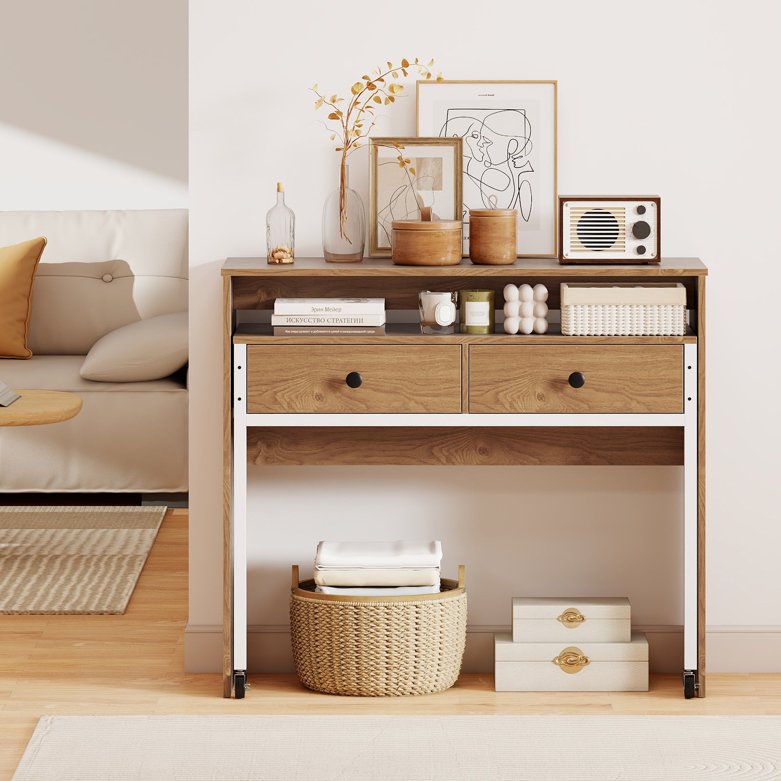Bureau Extensible Mobile, Table d'Ordinateur Gain de Place avec Tiroirs, Bureau Console en Bois Compacte avec Roulettes pour Salon, Chambre, Naturel - 9