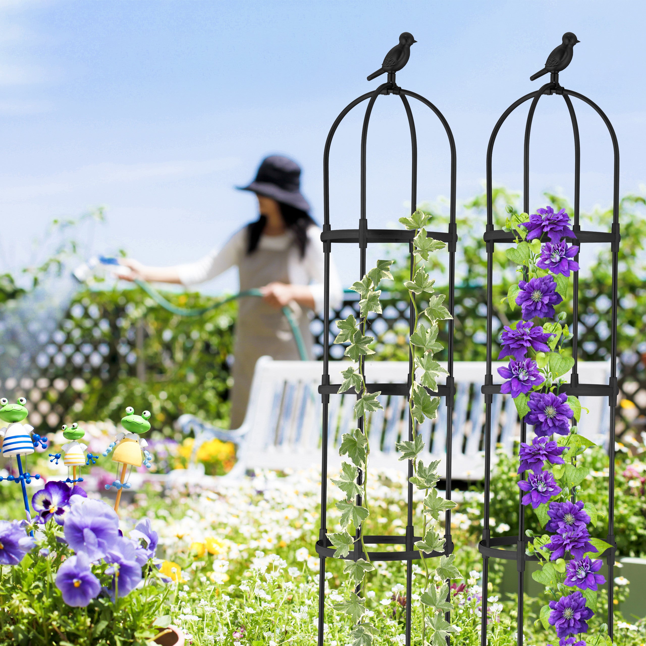 Trellis obélisque, lot de 2, 180 cm de hauteur, plantes grimpantes, en métal, stable, tour pour rosier, noir, Relaxdays - 5