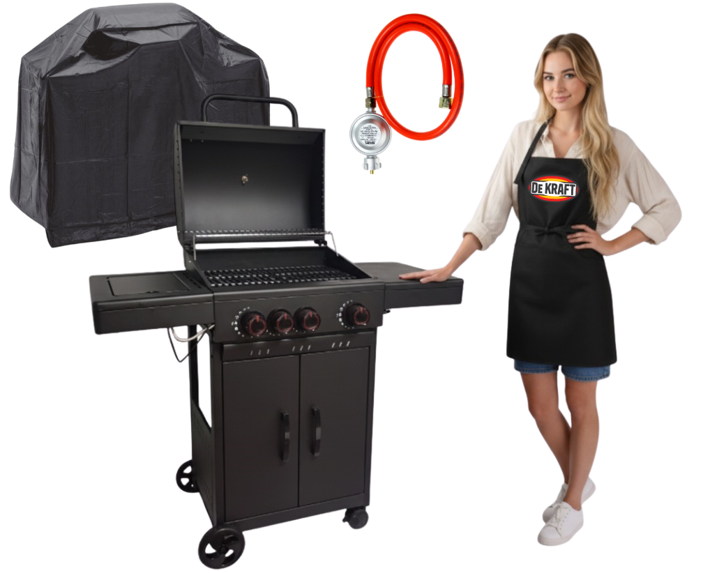 GRILL GAZOWY DEKRAFT CZARNY 3+1 PALNIKI RUSZT ŻELIWNY + POKROWIEC