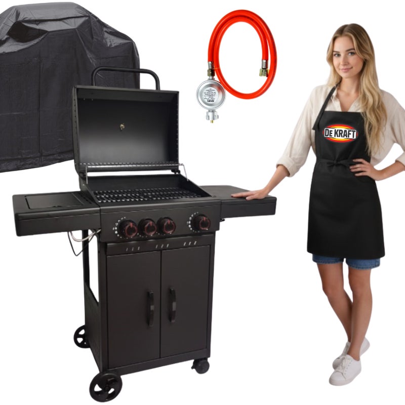 GRILL GAZOWY DEKRAFT CZARNY 3+1 PALNIKI RUSZT ŻELIWNY + POKROWIEC