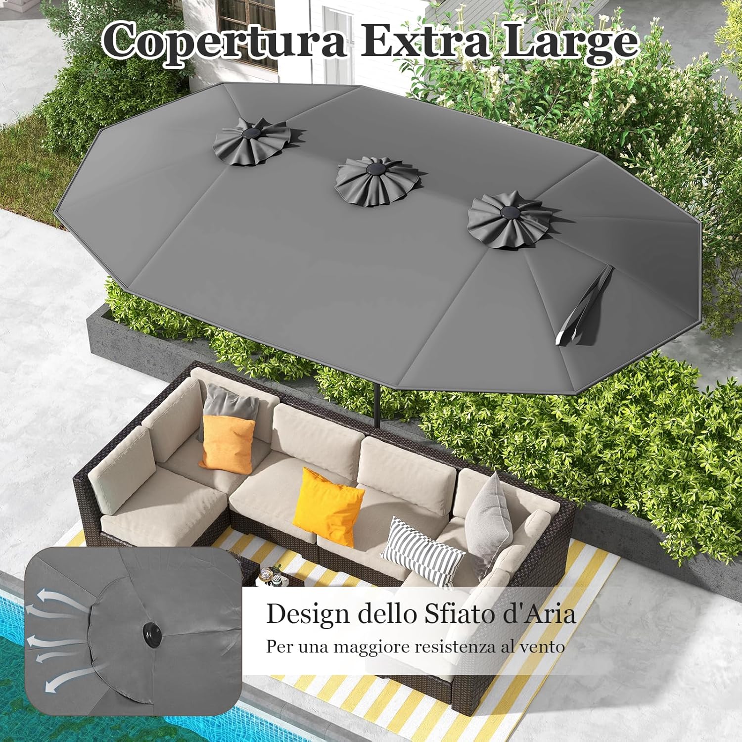 Parasol de Jardin Exterieur 4,7M Grand Parasol Manivelle, 12 Baleines, Poteau Φ48MM, Résistant aux UV, Parasol Double Face Base Non Incluse, Gris - 4
