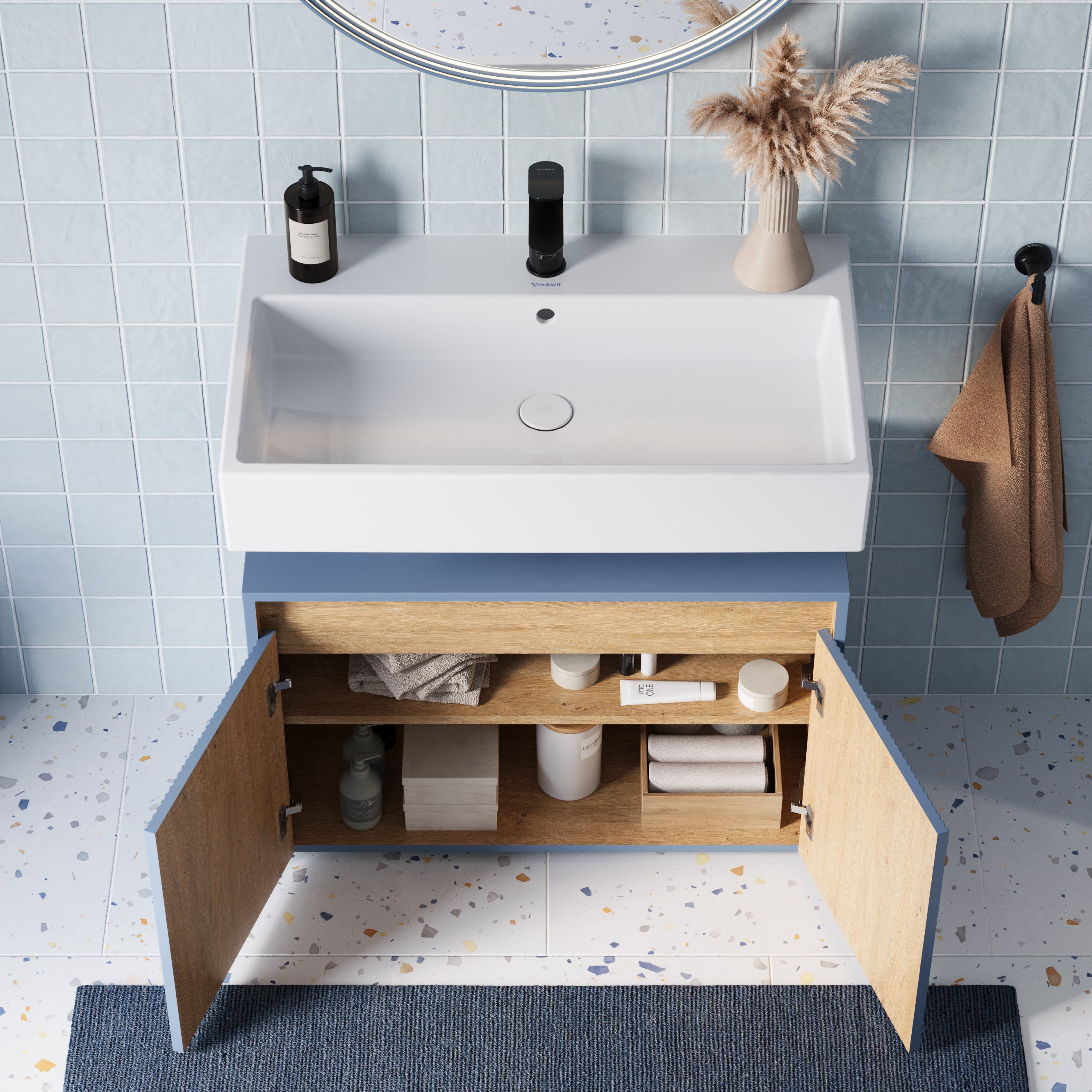 BERNSTEIN - Meuble sous vasque à poser MDF Bleu azur mat 80x35x54cm (LxPxH) + 2 portes - BELDIVO - 3