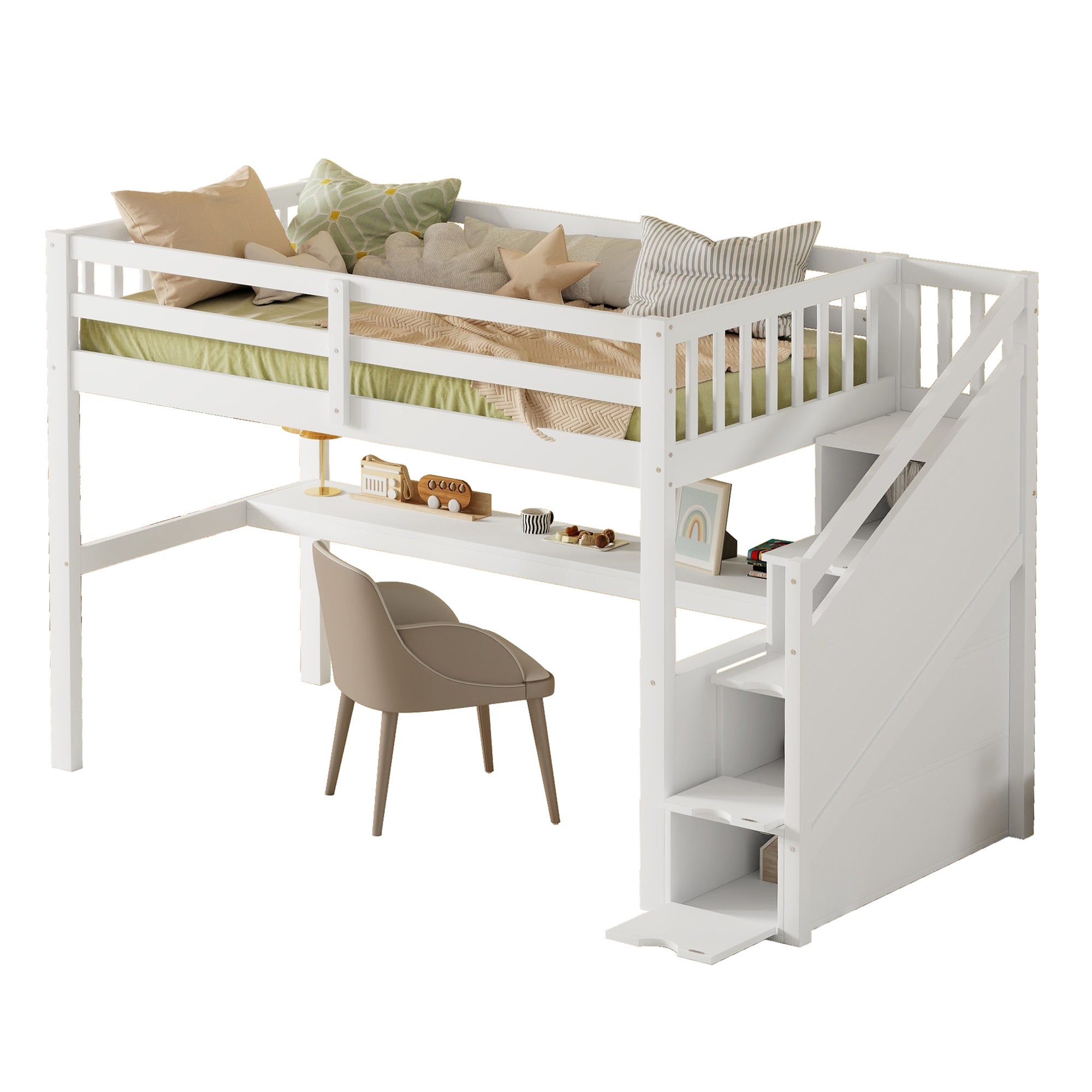 Lit mezzanine en bois de pin - 90x200cm - avec escalier de rangement et bureau - avec sommier à lattes - Blanc - 4