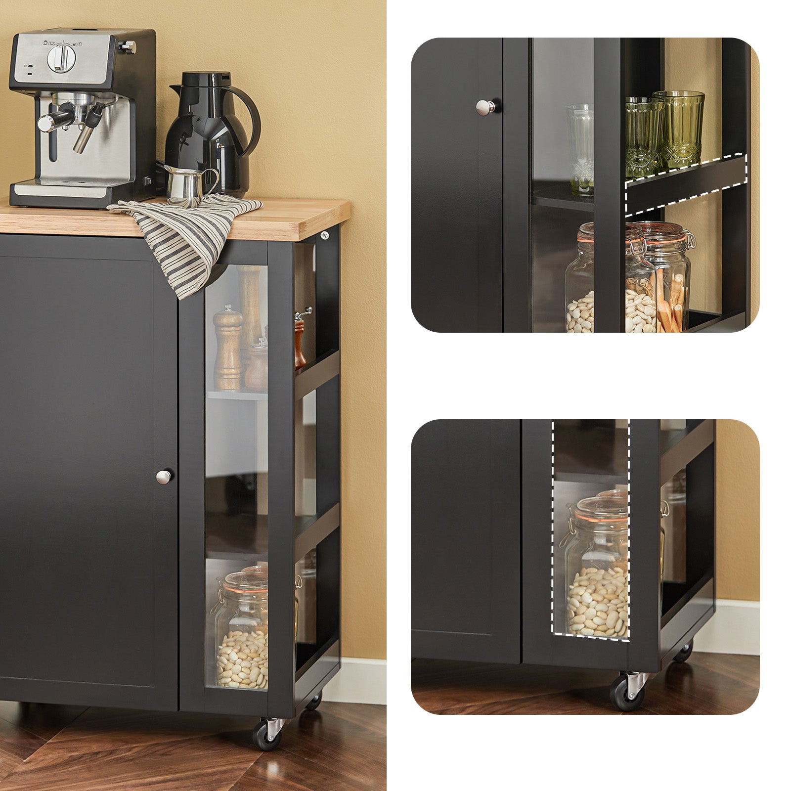 SoBuy Desserte de Cuisine avec 2 Portes et 3 Étagères, Chariot de Rangement sur Roulettes Freinées, Noir, FKW75-SCH - 7