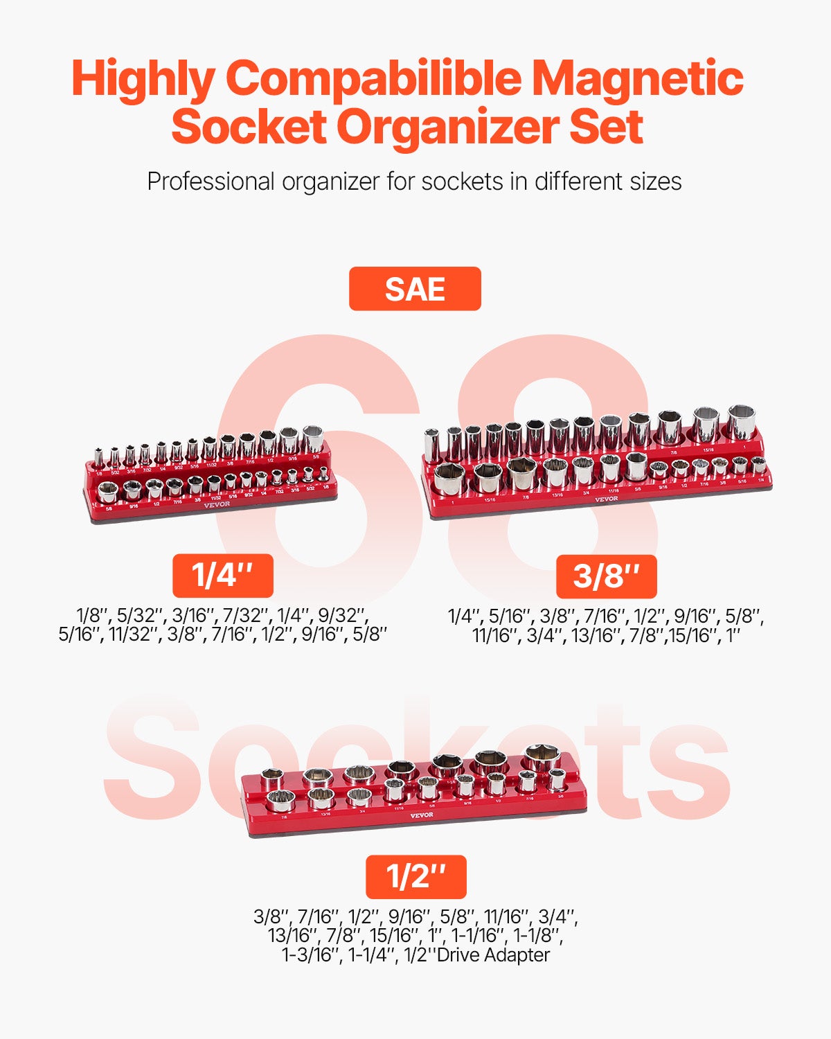 Kit Organisateurs Douilles Magnétiques VEVOR 3 pcs,Plateaux SAE 1/4'',3/8'',1/2'',Étiquettes Transparentes,Capacité 68 Douilles,Rouge - 2