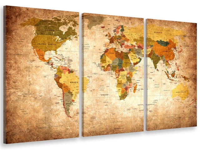 Tableau triptyque carte du monde ton orangé - 90x60 cm