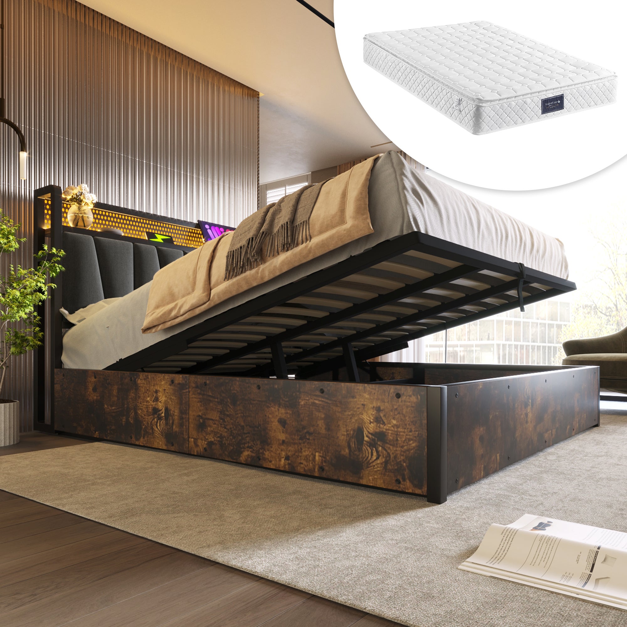 KOMHTOM Letto Matrimoniale Imbottito 140x200 Grigio Con Luci LED E Contenitore: Testiera Regolabile, Ricarica USB E Type-C, Struttura In Legno