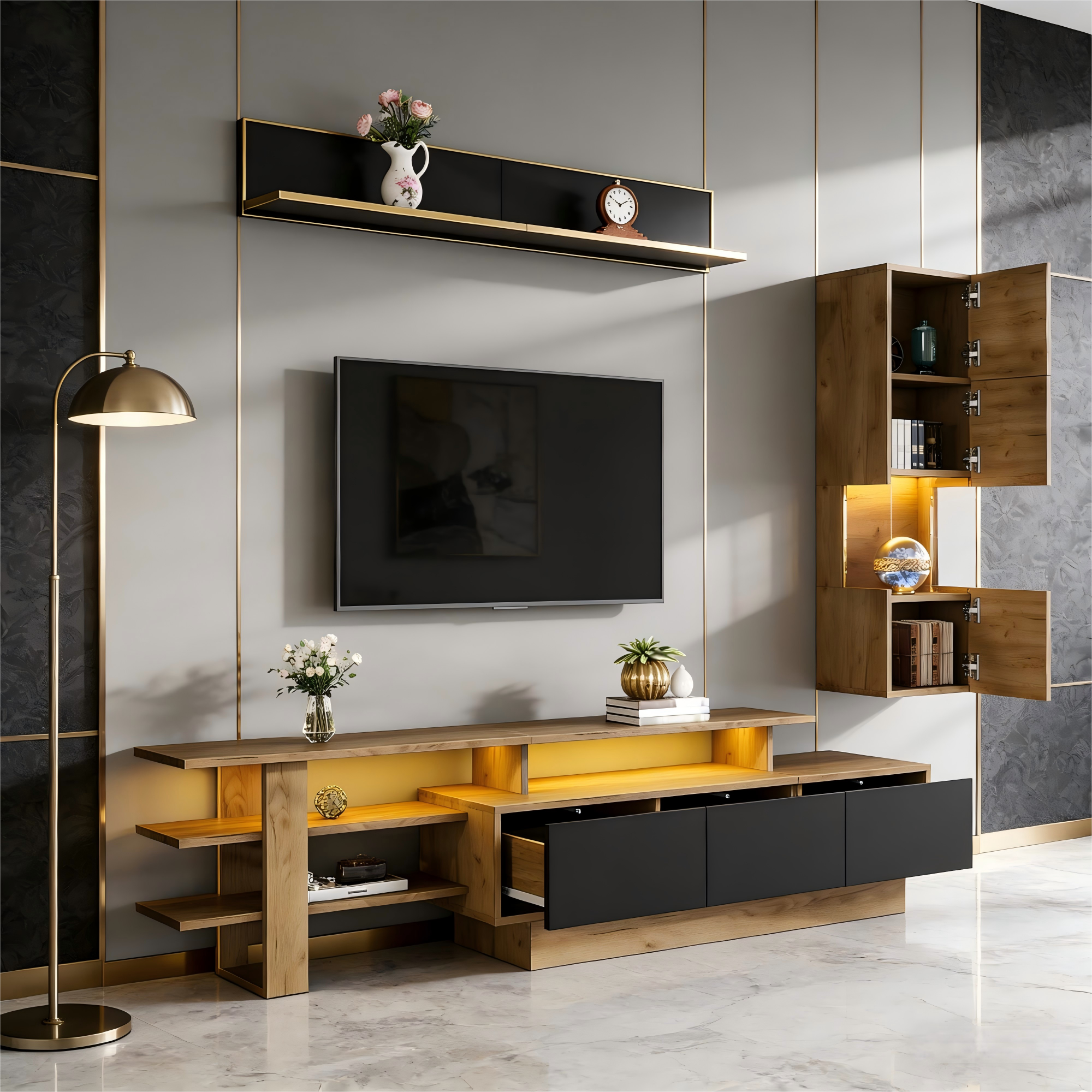 Modułowa szafka RTV z przeszkloną witryną i półką ścienną - LED - MDF + Akryl - 180 x 40 x 45 cm - Naturalny i czarny