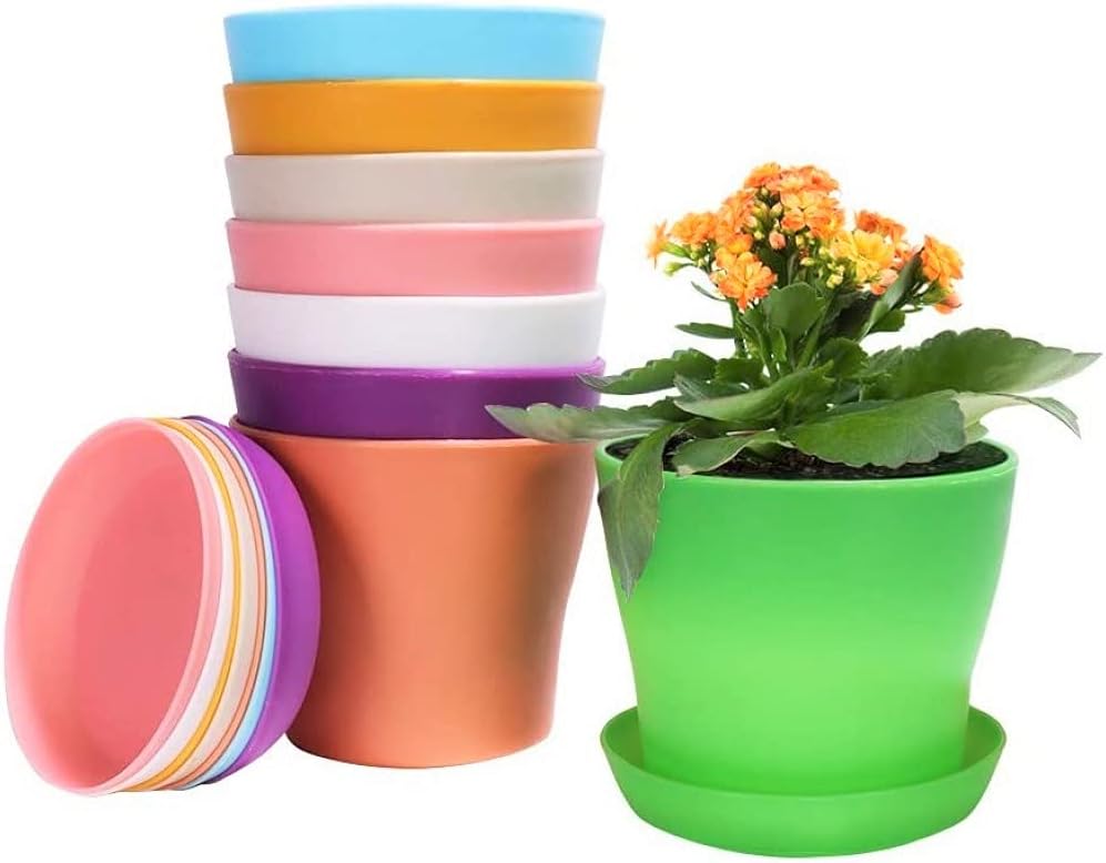 Zestaw 8 kolorowych plastikowych doniczek o średnicy 14 cm, 8 kolorów, z podstawką, do biura i domu (14 x 12 cm)