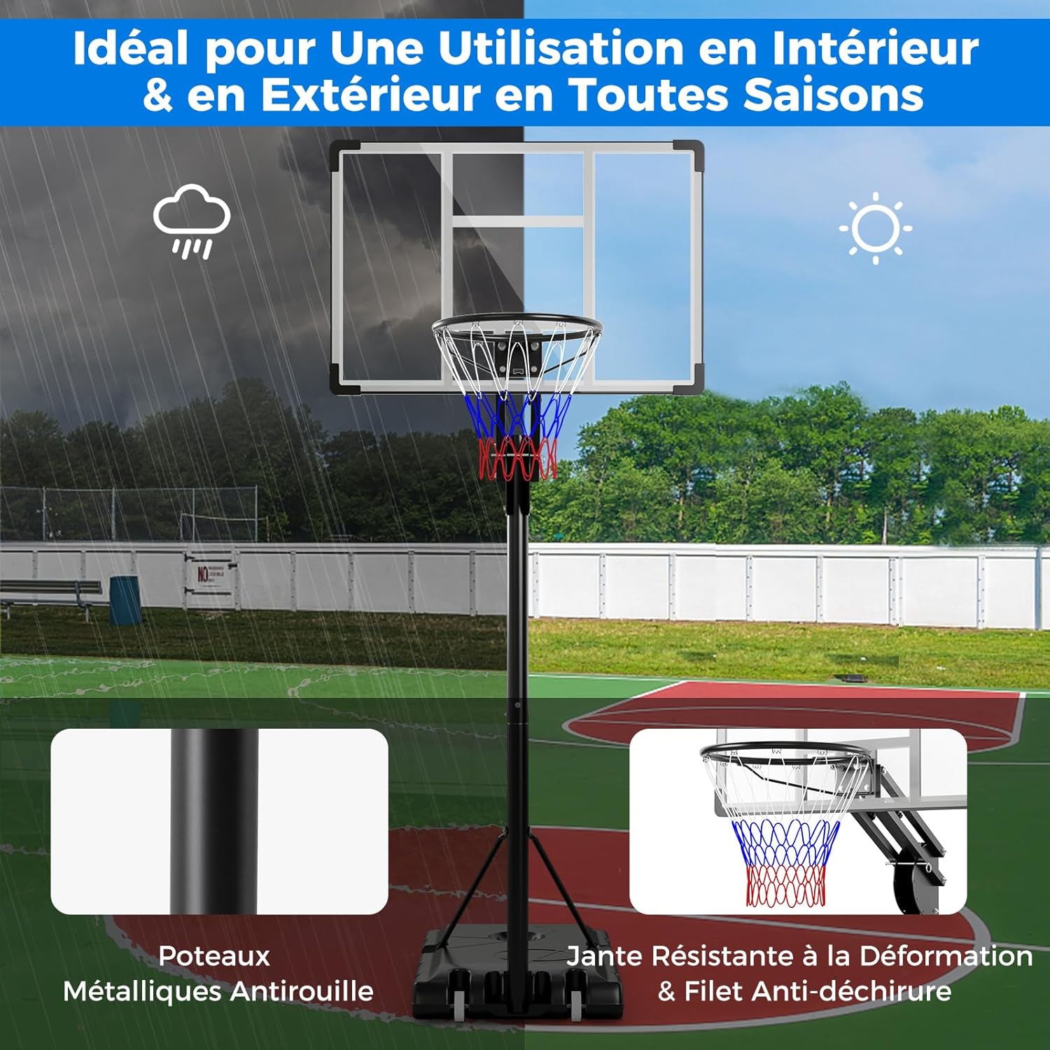 Cesto de basquetebol em suporte Altura ajustável a 10 níveis 149-305 CM, conjunto de basquetebol Base enchível Saco de peso Painel traseiro - 7