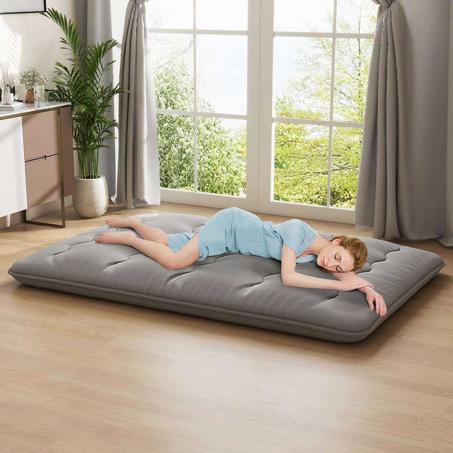 Matelas Futon Japonais 2 Personne 140x200CM, Lit de Couchage Enroulable de Sol Pliable et Portable, Sac de Transport pour Camping, Voyages, Gris - 8