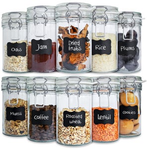 Creative Home Lot de 6 Bocaux en Verre 1L | Bocal en Verre avec Couvercle Hermétique | Boite conservation alimentaire | Boite Rangement Cuisine | Pot a epices | Inclus des étiquettes