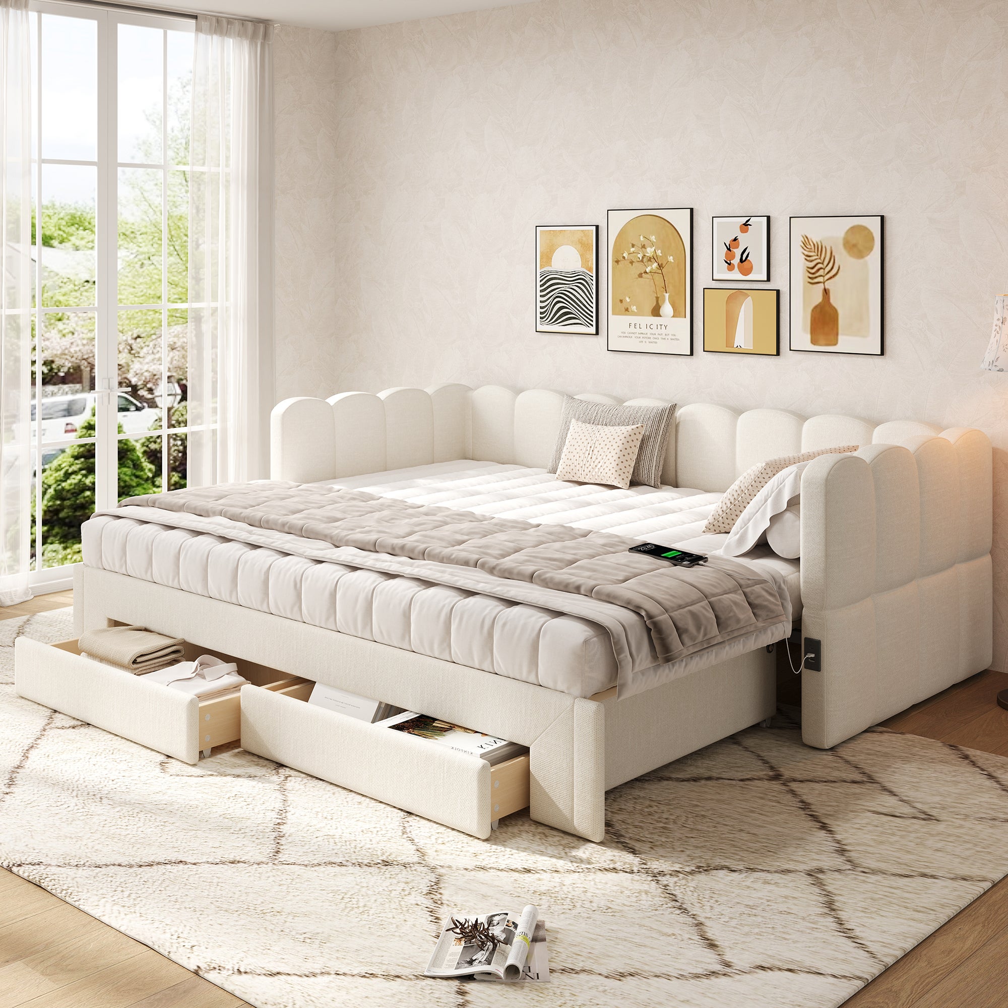 Łóżko wysuwane 90/180 x 200 cm z 2 szufladami, sofa rozkładana - Tkanina lniana - Port USB - Beżowy (Materac nie jest wliczony w cenę)