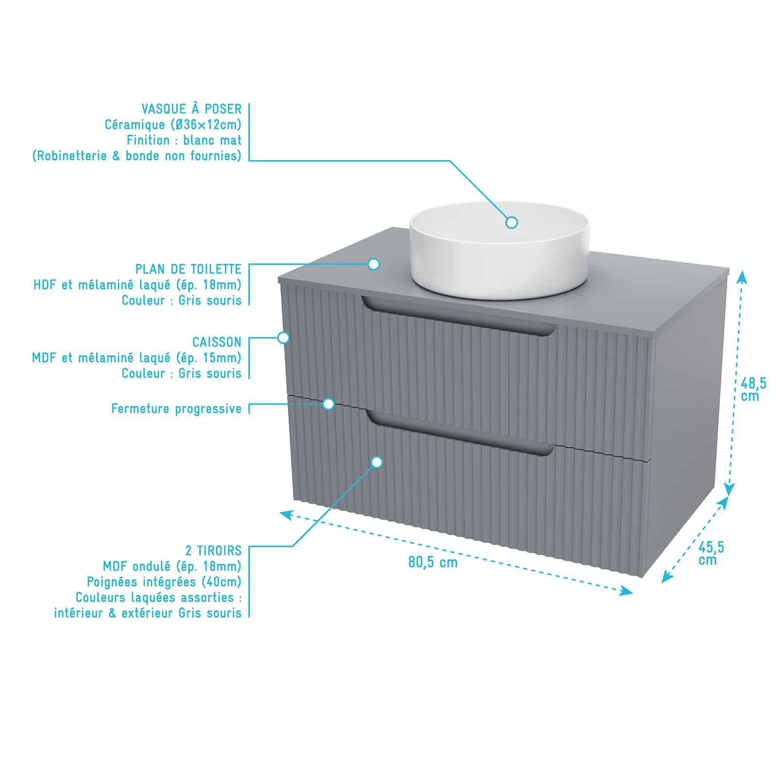Meuble et colonne de Salle de Bains LEON 80cm Gris souris - Façades Ondulées - Vasque Ronde 36cm - 4