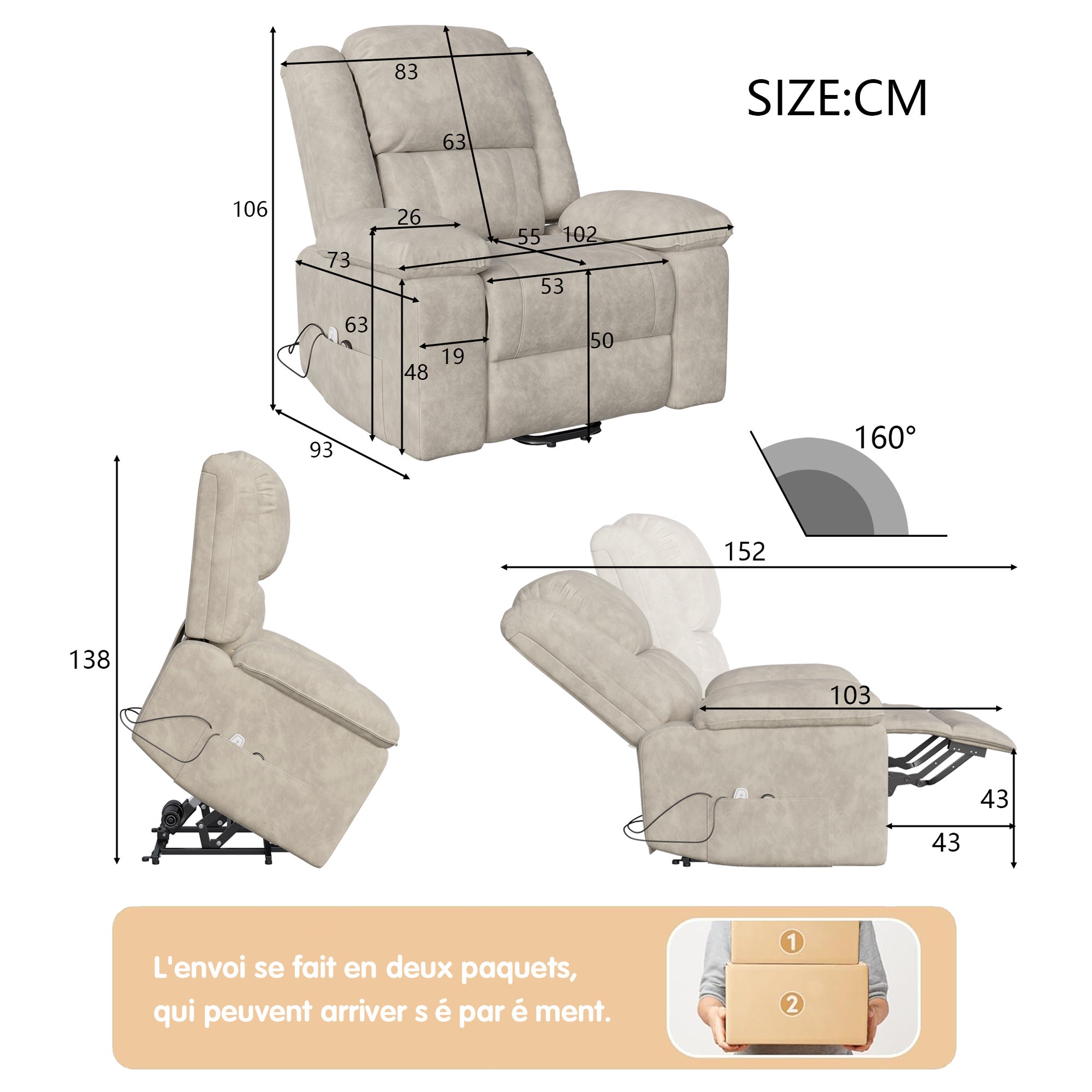 Fauteuil releveur électrique,fauteuil massant relaxation avec fonction massage et chaleur,aide à la verticalisation,chauffage,repose-pieds,port usb - 2