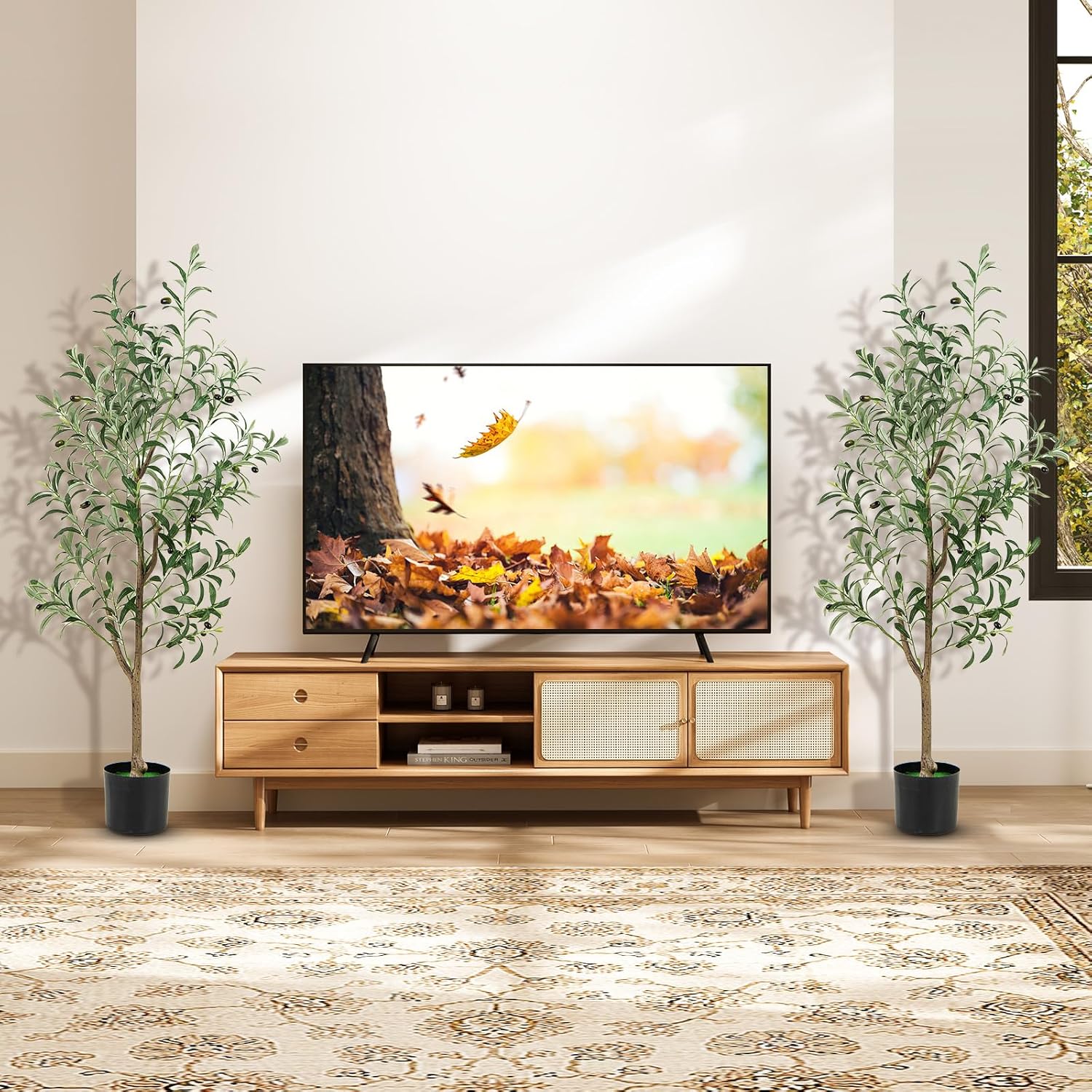 Lot de 1/2 arbres d'olivier artificiels, fausse plante de 130 cm avec feuilles et fruits réalistes, tronc résistant en polyéthylène et base stable - 9