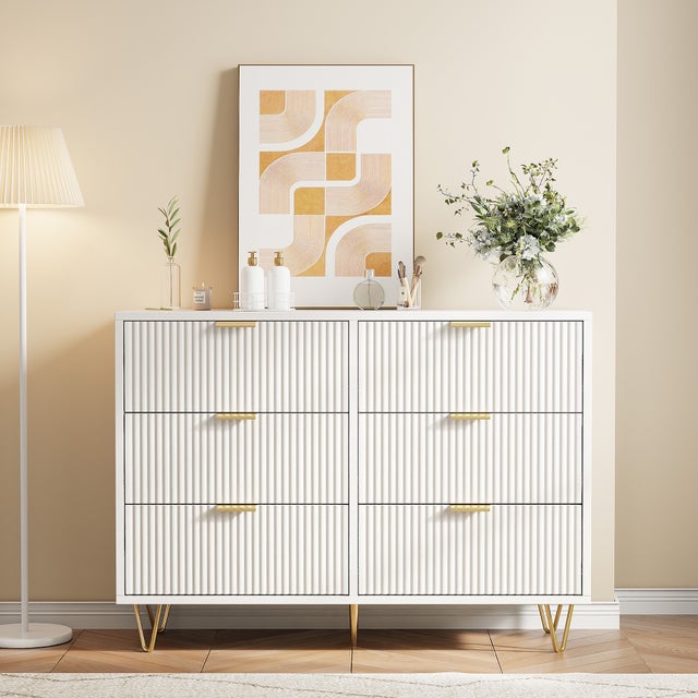Cómoda de 6 cajones - 100 x 34 x 73 cm - Efecto ondulado - Mueble de diseño con patas doradas - Blanco