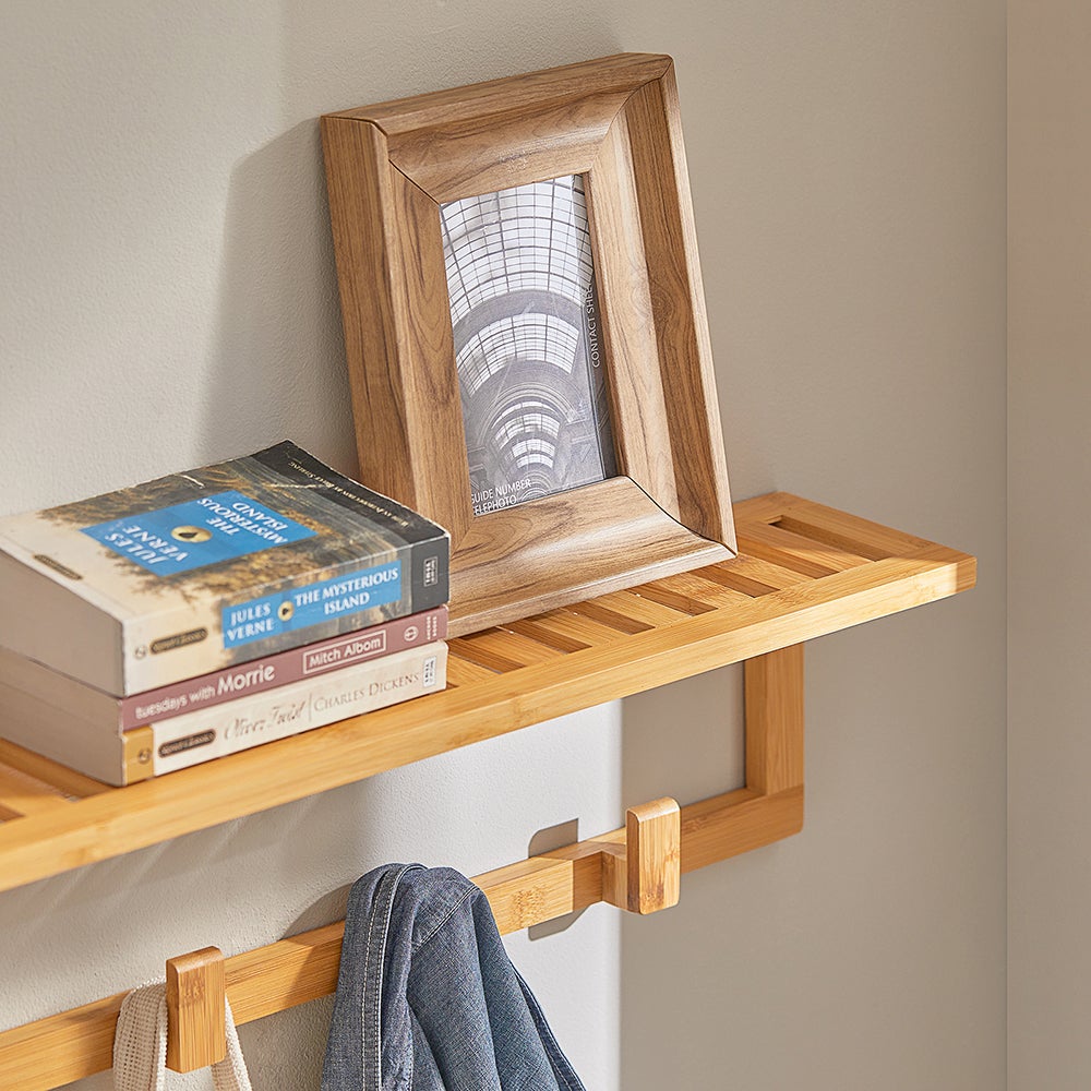 SoBuy FHK06-N Étagère Porte-Serviette, Porte-Manteau Mural en Bambou,avec Étagère et 6 Crochets Naturel - 5