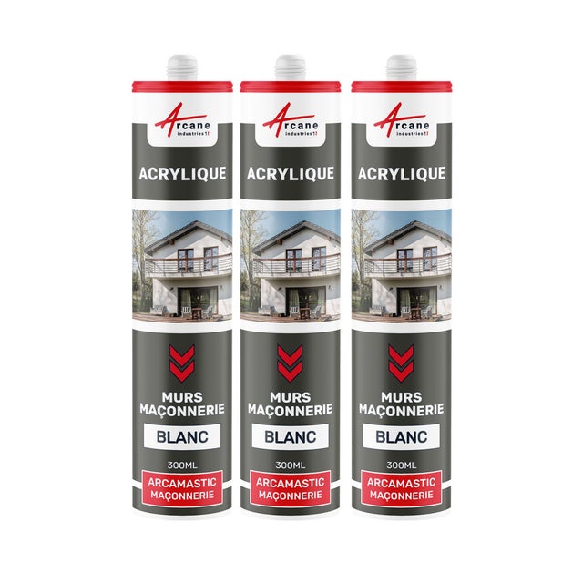 Mastic Acrylique pour joints et réparations des supports maçonnés : ARCAMASTIC MACONNERIE Blanc - 300 ml x 3 - ARCANE INDUSTRIES