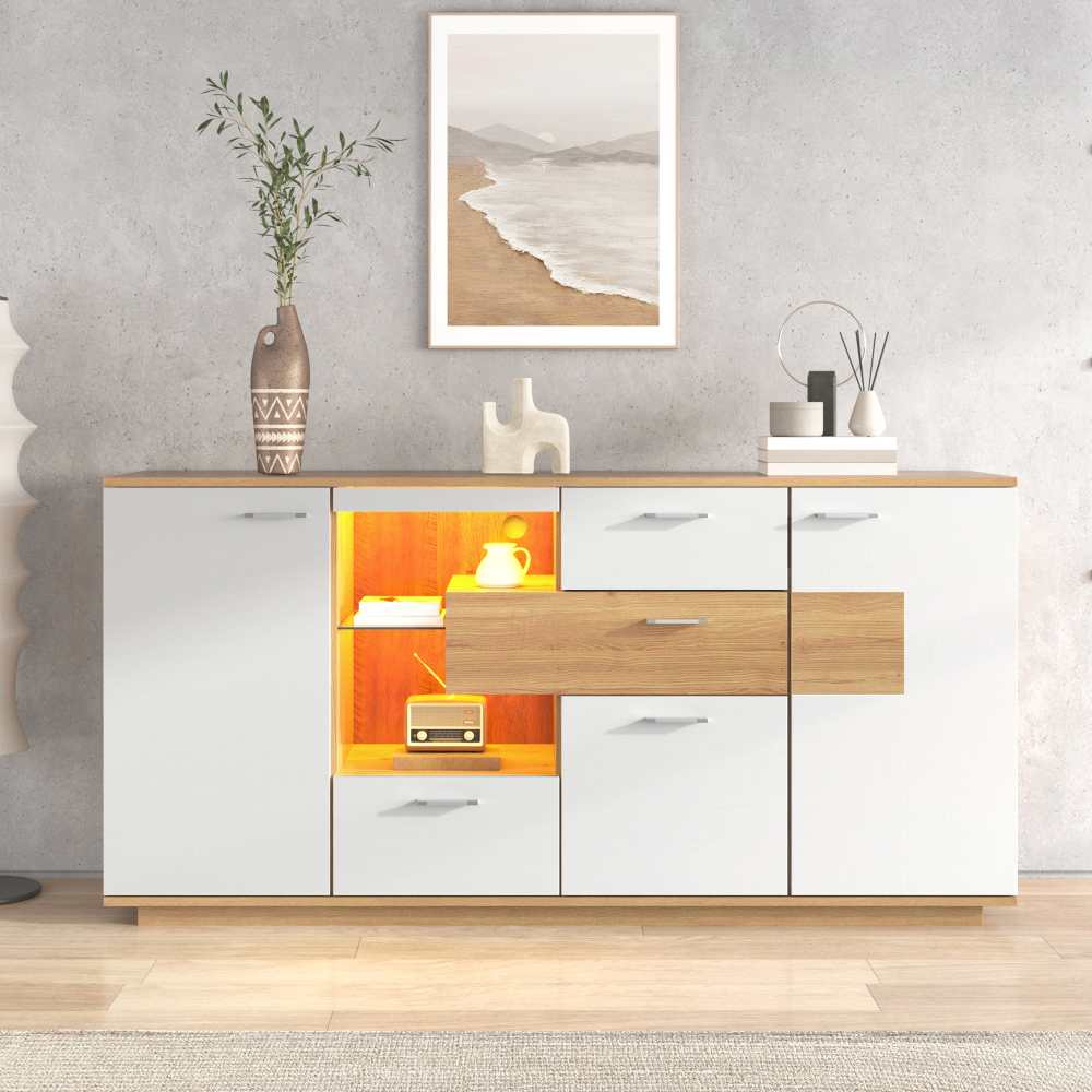 Nowoczesna komoda 160x40x77cm z oświetleniem LED, 2 drzwi, 4 szuflady, szklana półka, eleganckie miejsce do przechowywania w salonie