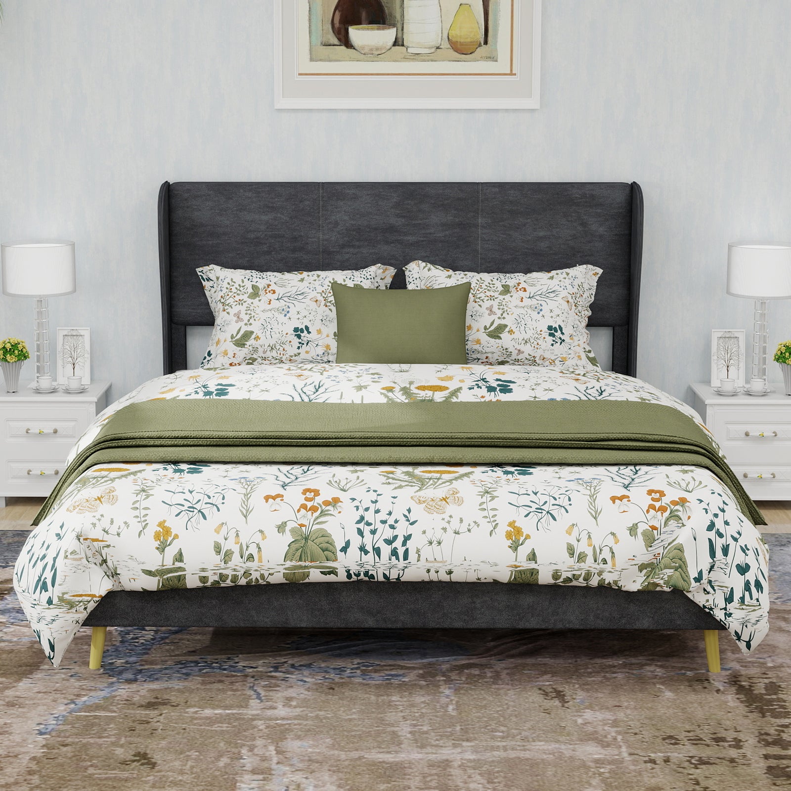 Letto matrimoniale 140x200 cm, testiera, piedi dorati, truciolato grigio, senza materasso - 2