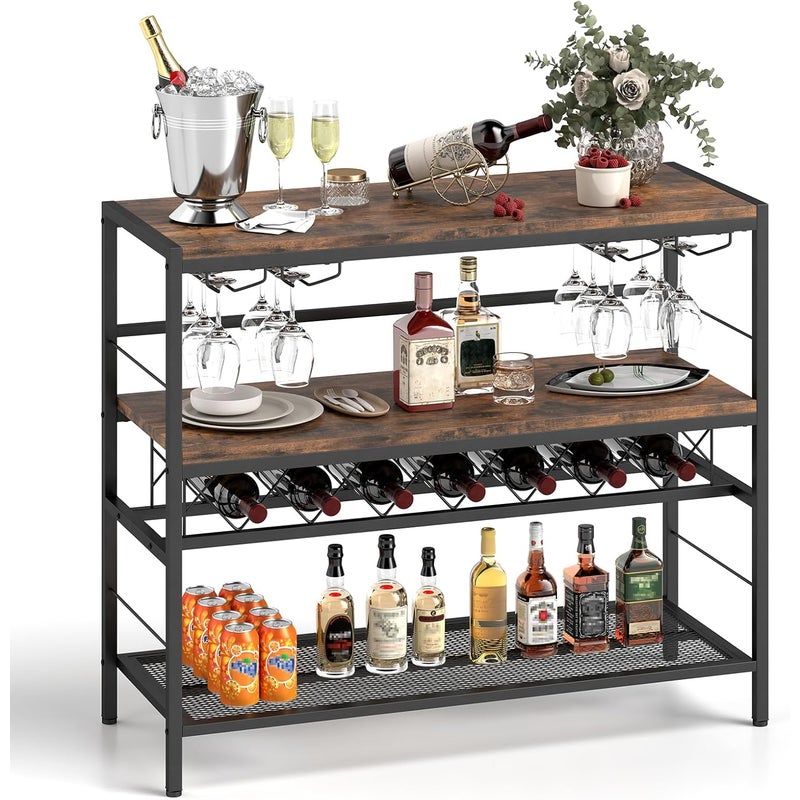 Regał na Wino na 7 Butelek, Mebel Barowy na Wino, 4 Uchwyty na Kieliszki, Szeroki Blat, do Kuchni, Jadalni, 104 × 40 × 87 cm, Kolor Brązowy Rustykalny