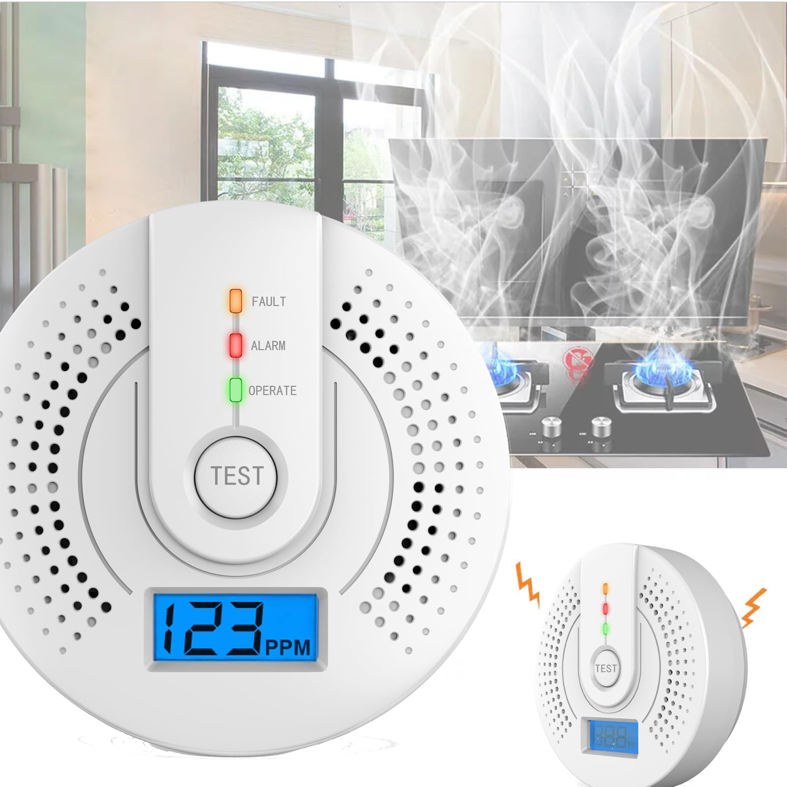 Rilevatore di monossido di carbonio 2 pezzi, allarme di monossido di carbonio con display digitale a LED e allarme sonoro, 96 x 31 mm (senza batteria) - 5
