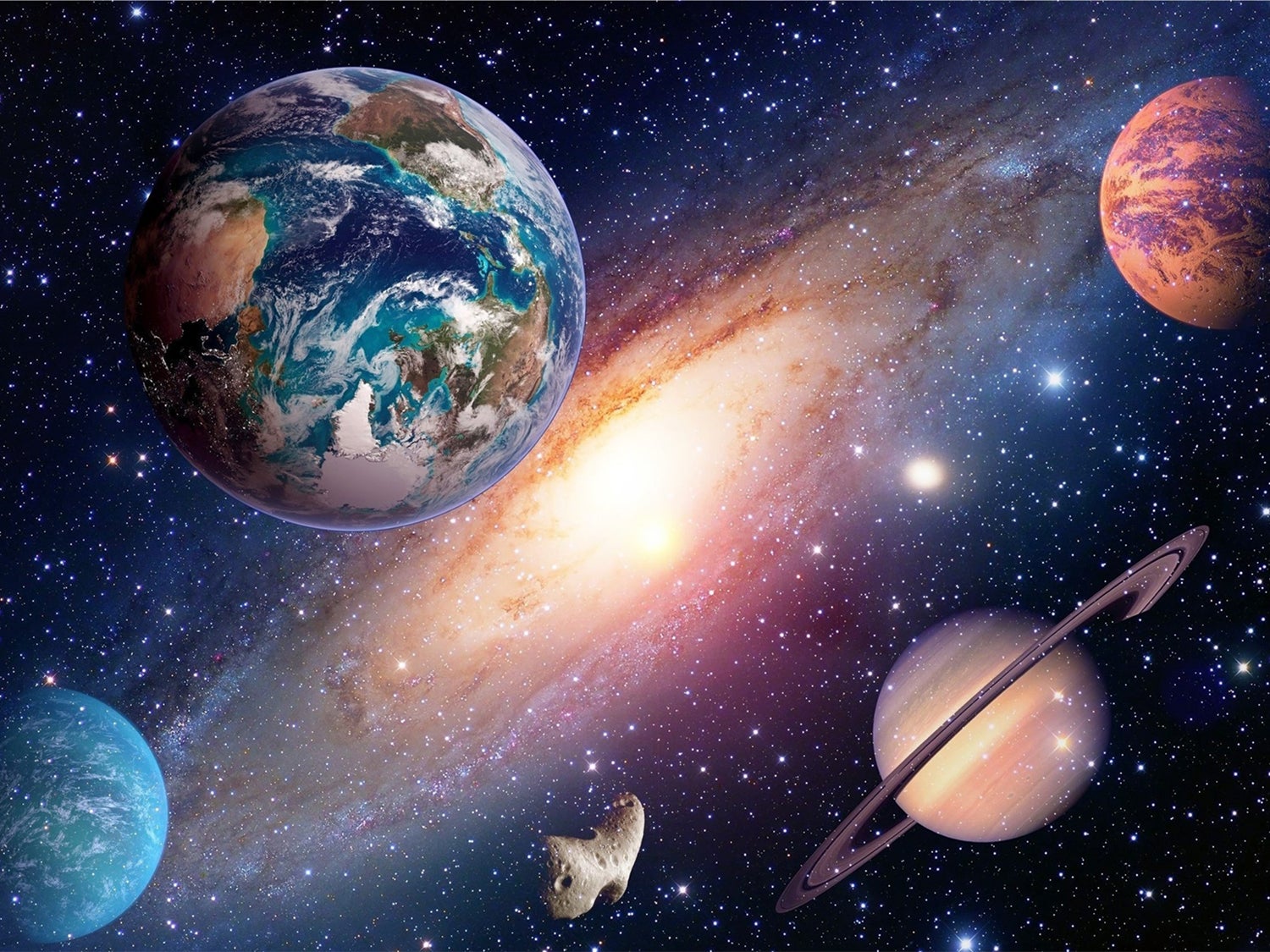 Fotomural planetas en el espacio azul, morado y naranja - 360 x 270 cm - sanders & sanders