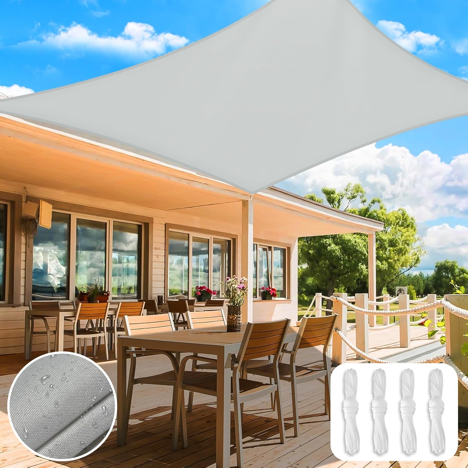 Żagiel przeciwsłoneczny prostokątny, szary, 2 x 3 m, wodoodporny, z ochroną UV, odporny na rozdarcia, z 4 sznurkami mocującymi, do ogrodu, na patio, n