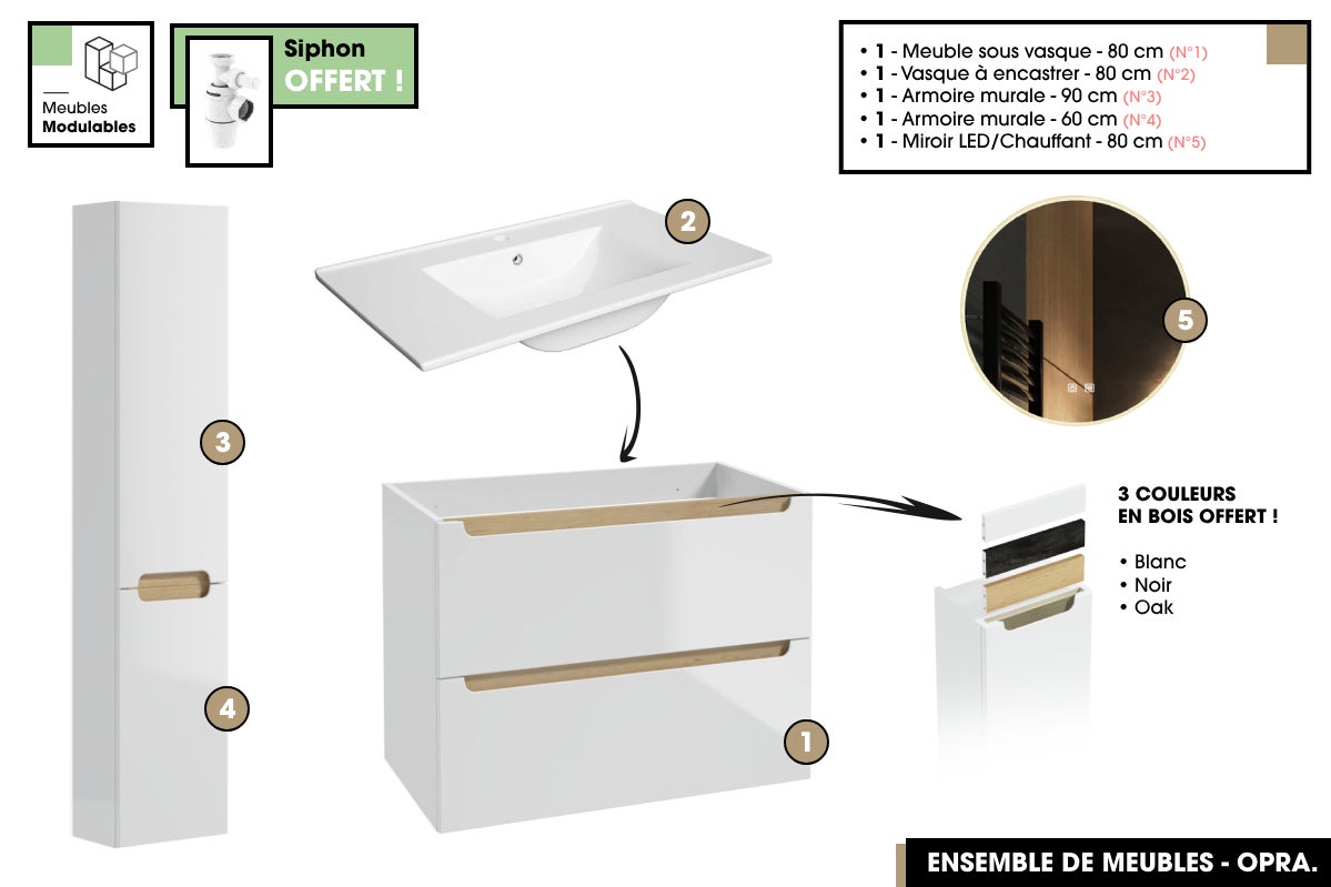 Ensemble complet de salle de bain - Meuble - Armoires - Miroir - Vasque