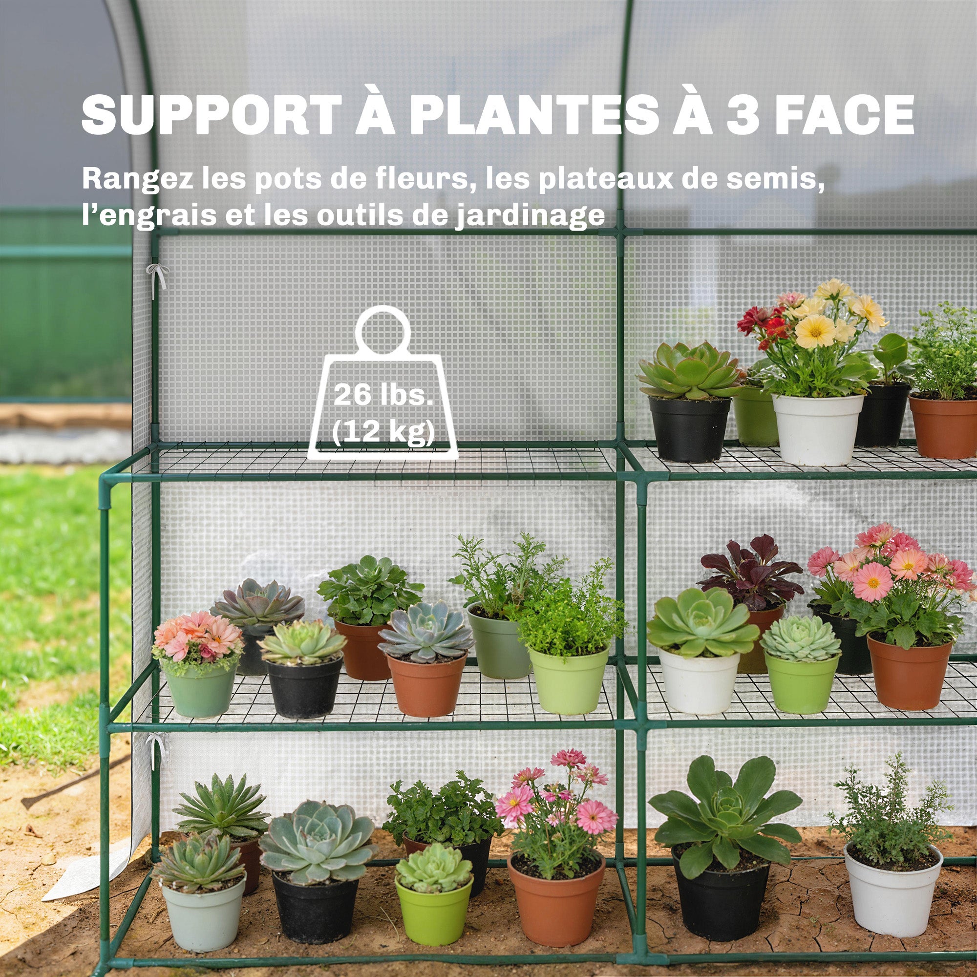 Serre de jardin avec étagères, 123x187x189cm, petite serre avec porte enroulable, bâche PE haute densité 140 g/m², blanc - 6